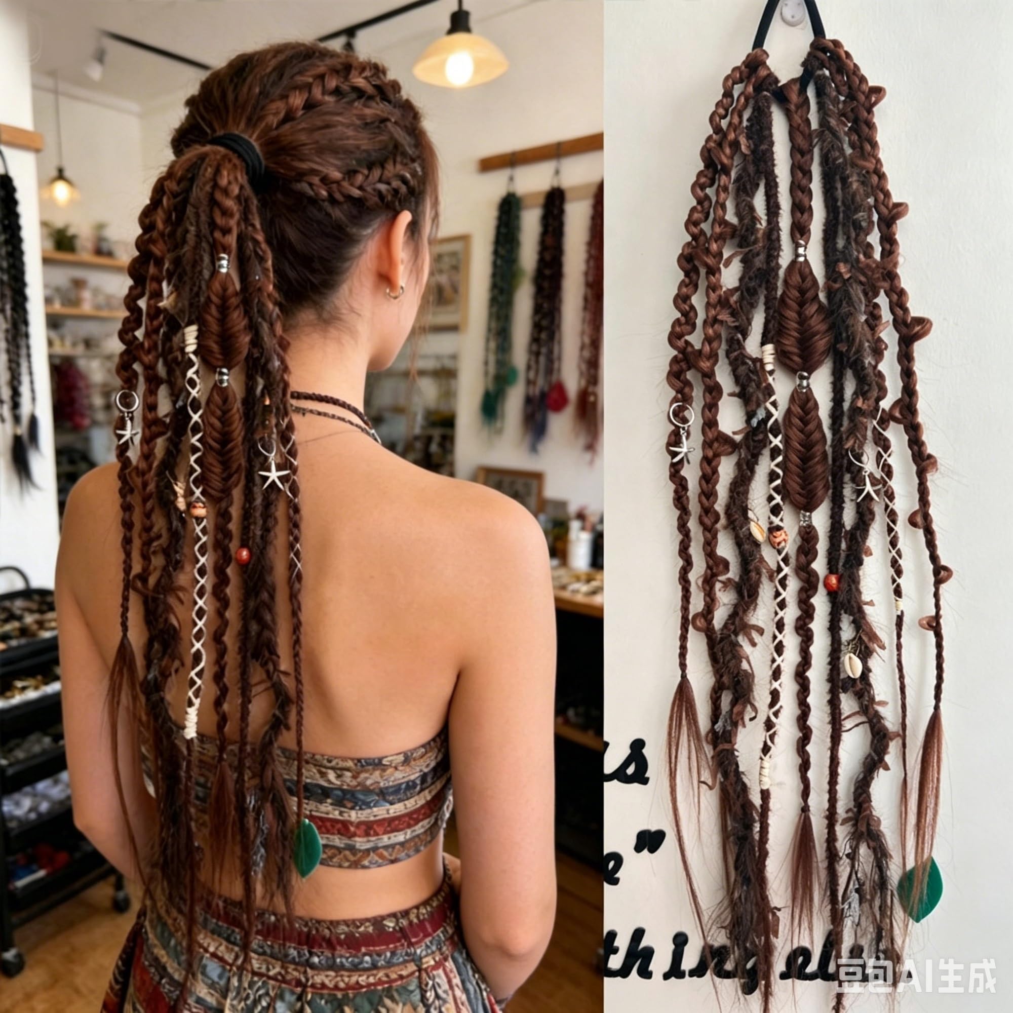 Extension de Cheveux Élastique Dreadlock Queue de Cheval Boho avec Perles, 22", Tresse Viking Effet Plage, Attache Facile en 1 Minute pour Festival & Quotidien(C)
