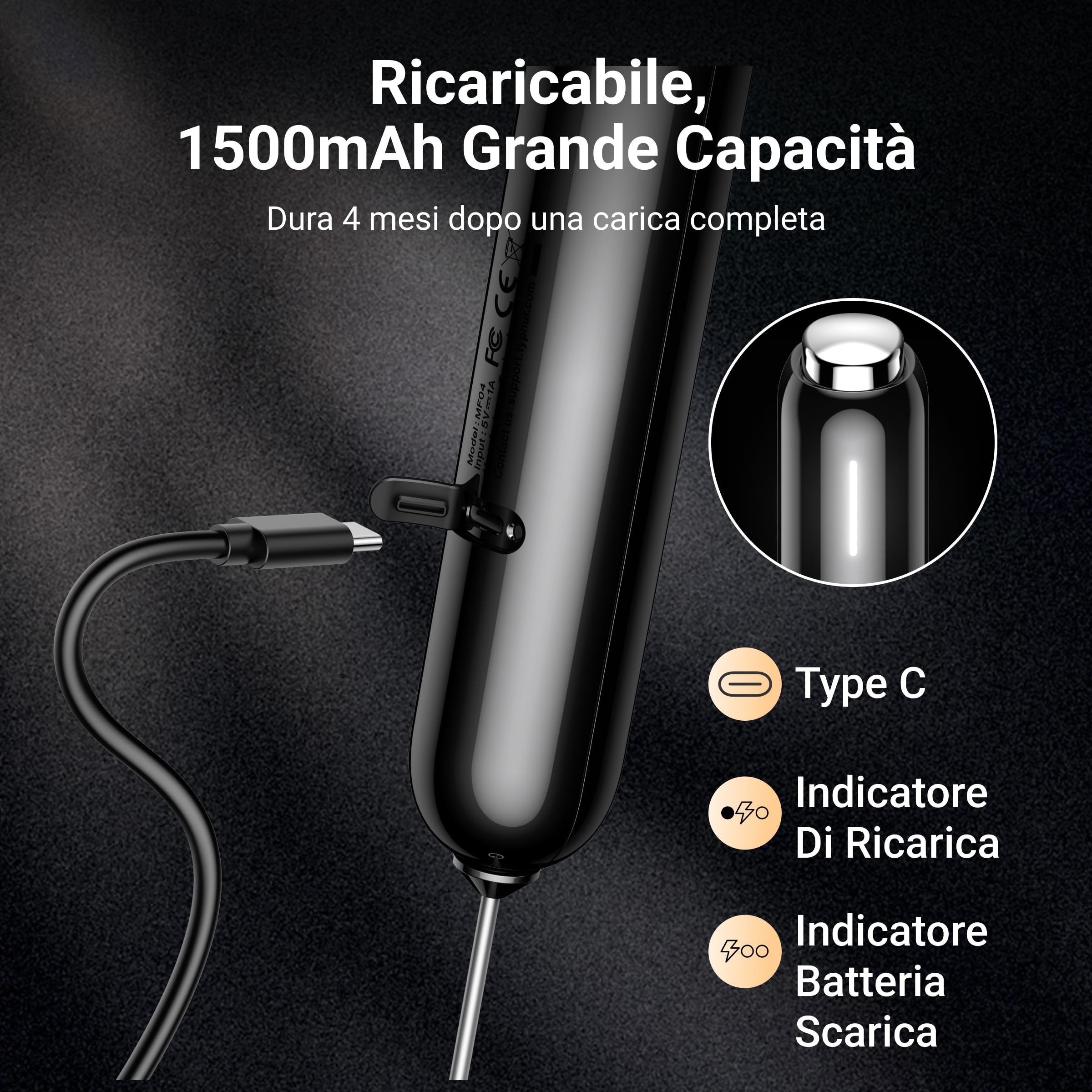 Typhur InstaWhisk Montalatte Elettrico Portatile, Velocità Variabile 1600-10000 RPM, 3 Fruste Removibili, Ricarica USB-C, Frullino per Cappuccino, Latte Macchiato, Cioccolata Calda, Bevande Vegetali