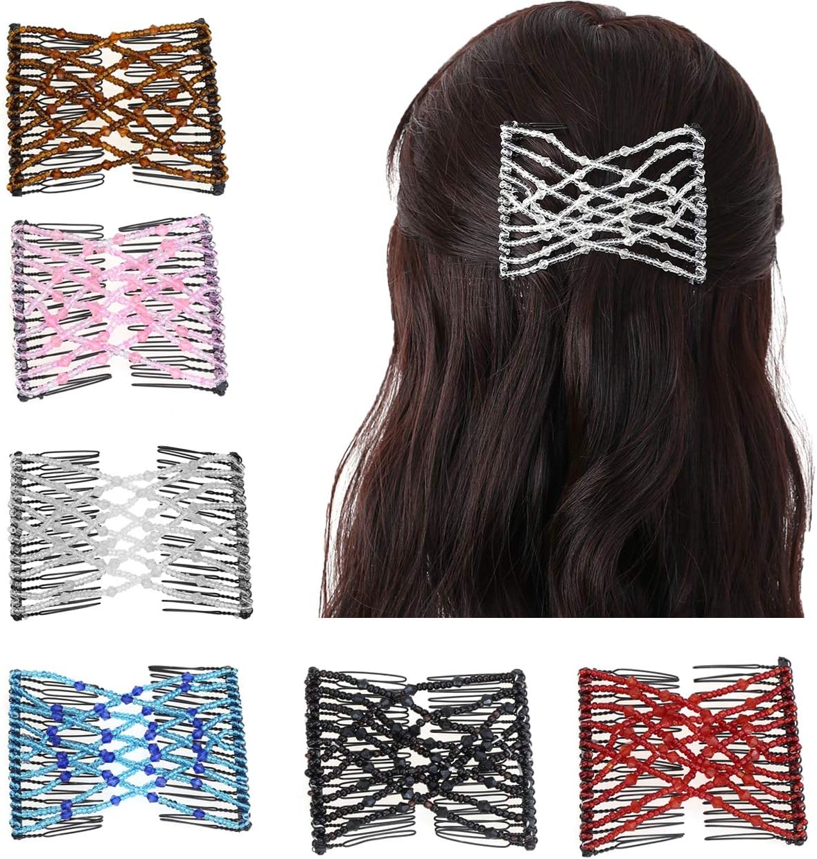 CCbeauty 6 Pcs Magic Hair Comb Elastic Beaded Hair Clips Women Decorative Accessories,Bride Double Slides Stretching Hairpins Combs for Ladies Girls Popular Hairstyles