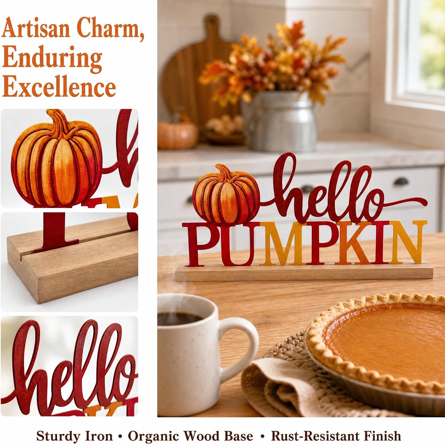 Metal Hello Pumpkin Desktop Sign Fall Decor for Home, Autumn Harvest Tabletop Decoration with Wooden Base, Orange Pumpkin Table Centerpiece for Desk Shelf Mantel Decor,Housewarming Gift.