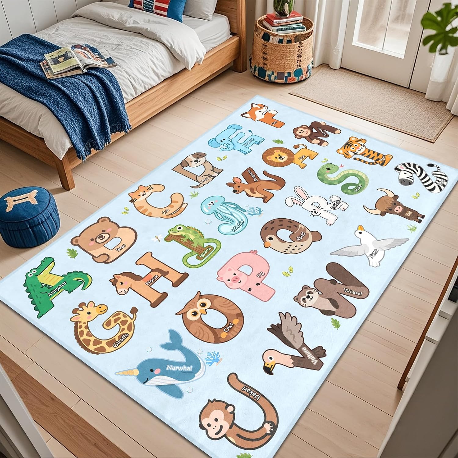 ABC Rugs for Kids Playroom - 4.5x6 Feet Alphabet Rug Kids Play Carpet Preschool Learning Animals, Educational Rug for Children Toddler Bedroom Nursery Kindergarten Decor, Blue