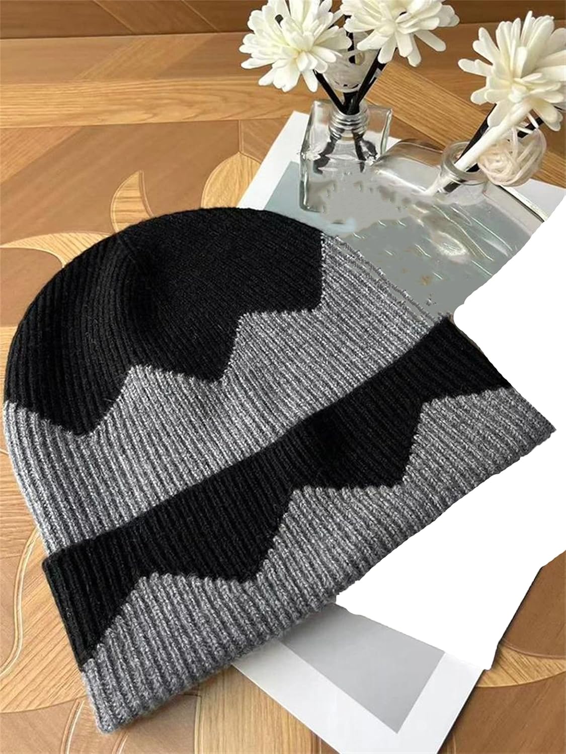 Women's Slouchy Casual Knitted Beanies Men's Color Block Soft Warm Winter Cold Weather Skull Cap Stretchy Hat