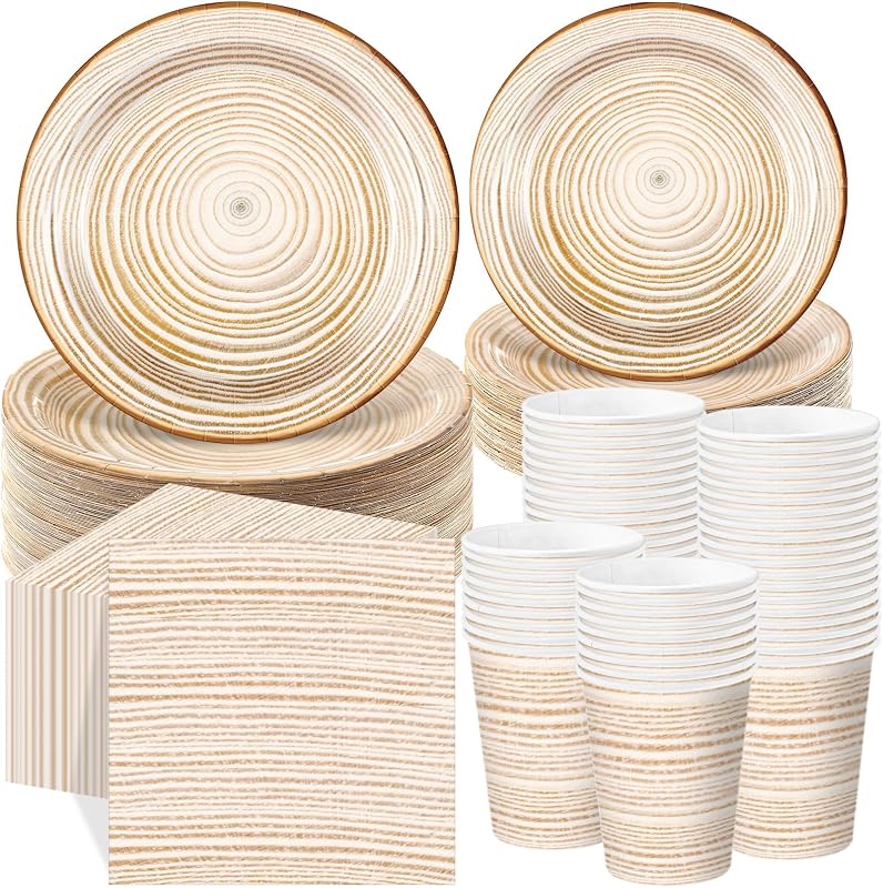 250 Pieces Rustic Wood Grain Party Tableware Set - Disposable Paper Plates, Cups & Napkins for 50 Guests - Lumberjack, Farmhouse, Camping, Forest Theme Birthday Decorations(Apricot)