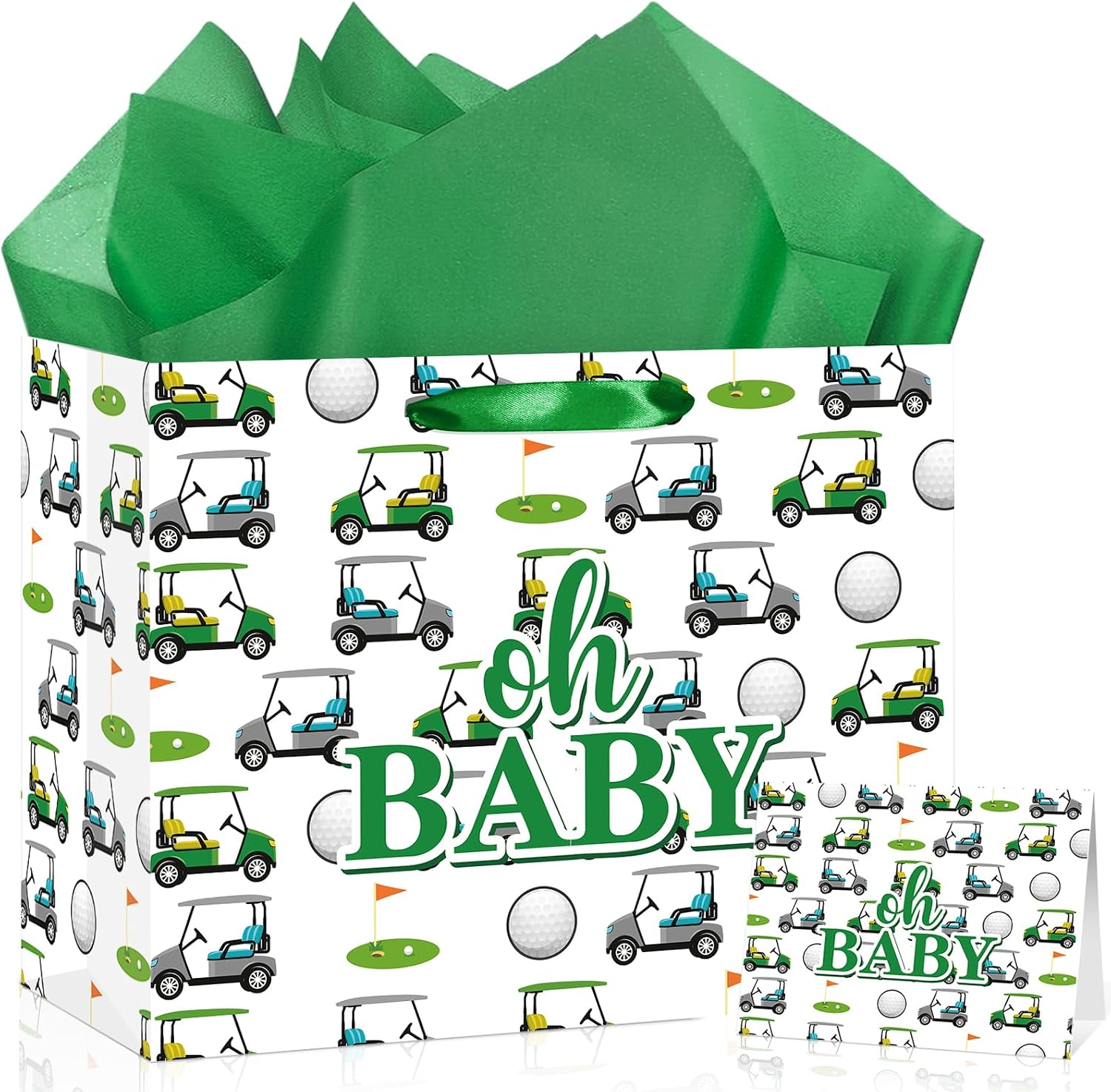 Golf Baby Boy Gift Bag with Tissue Paper and Card, Golf Baby Shower Wrapping Paper Bag Oh Baby Sports Theme Present Bags for Little Putter Congratulations Gifts Gender Reveal Newborn Party Favors