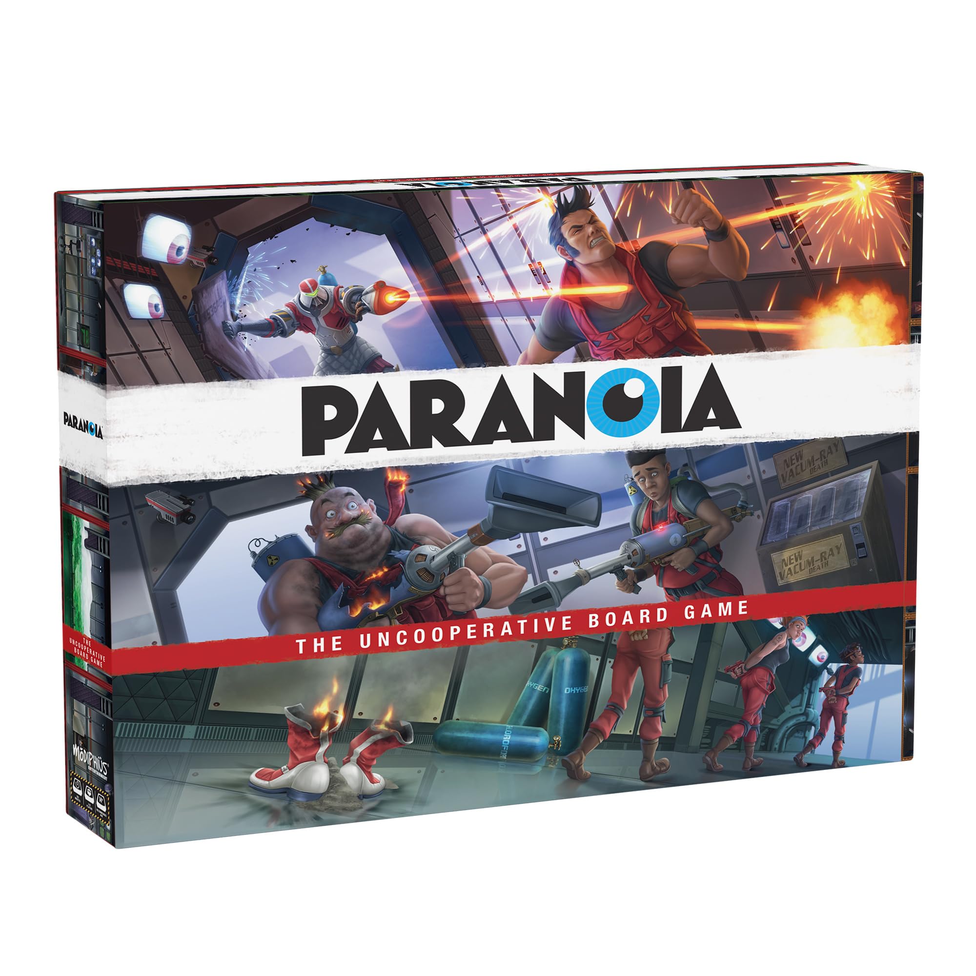 Paranoia: The Uncooperative - Tradimento strategico e sopravvivenza nel complesso alfa, ideale per serate di gioco con adulti, età 14+, 2-6 giocatori, 120 minuti di gioco, prodotto da Modiphius
