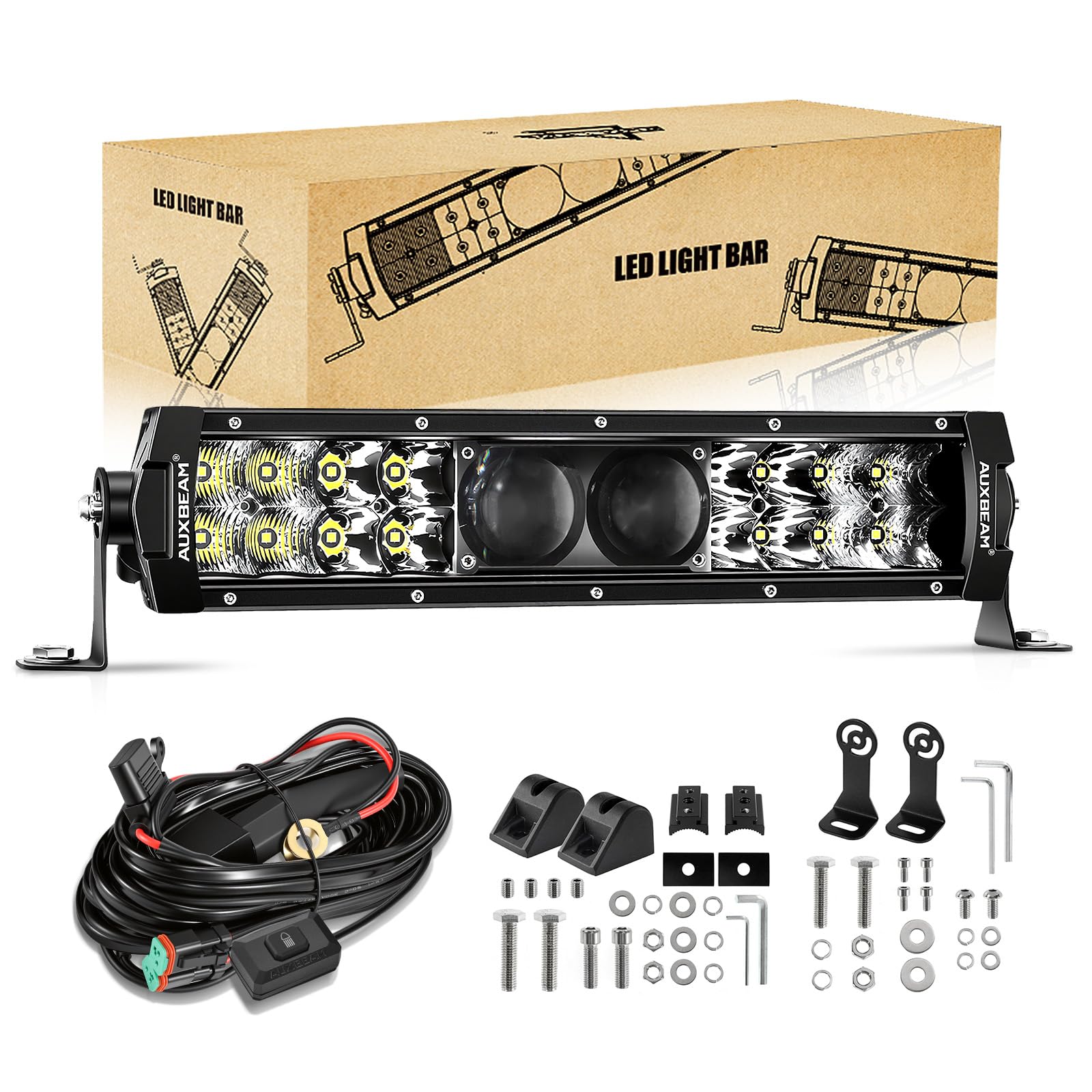 Auxbeam 12 Inch LED Light Bar, 5D-PRO Series 100W Dual-Row Driving Light