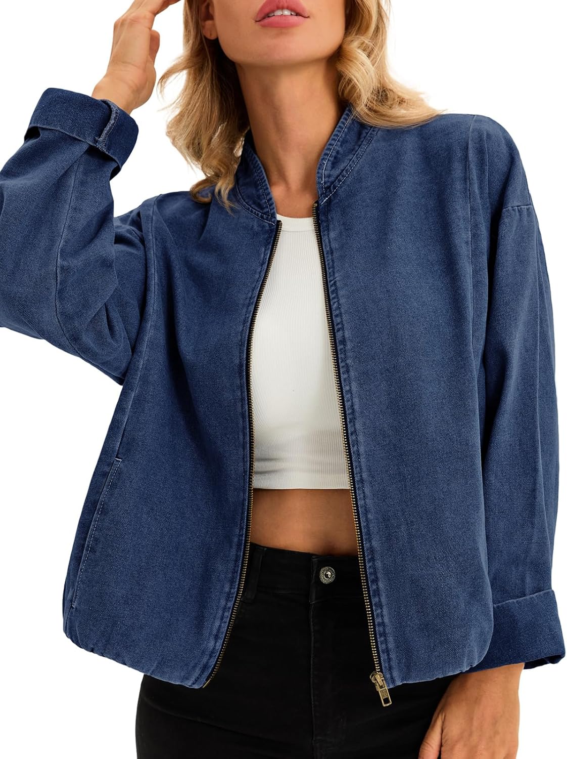 Tankaneo Womens Denim Bomber Jacket Lightweight Zip Up Short Jean Jacket Fall Casual Shacket Outerwear - Image 4