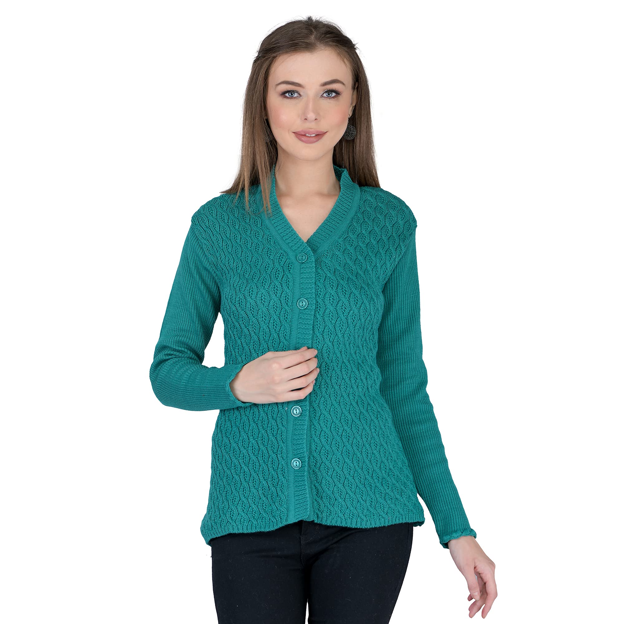 ladywillington Lady Willington Women's Woolen V-Neck Self Design Cardigan - Heavy Daffodil Fabric Winter Wear Pure Wool Long Cotty Fully Warm (S, Grassy Green)-picture-19