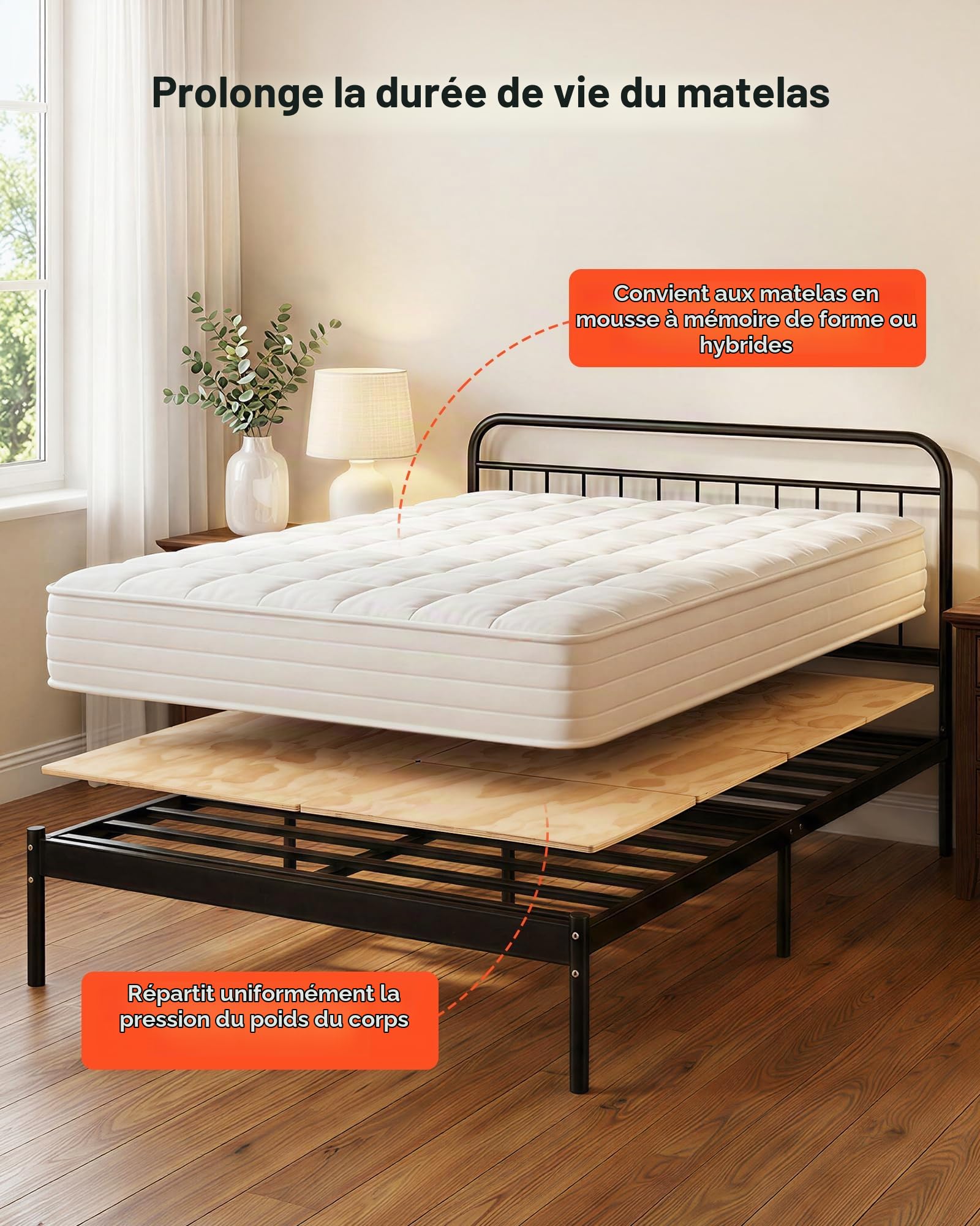 VEVOR Planche de Lit Double Full Size 180 x 130 x 1 cm, Lot de 8 Sommiers Panneaux Pliables avec Connexion, Support de Matelas en Bois pour Lit Superposé, pour Maison, Hôtel, Dortoir et Appartement