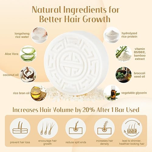 Miniatura 4 de Barra de champú de agua de arroz 2 en 1, champú y acondicionador sólido de agua de arroz fermentada para el crecimiento e hidratación del cabello