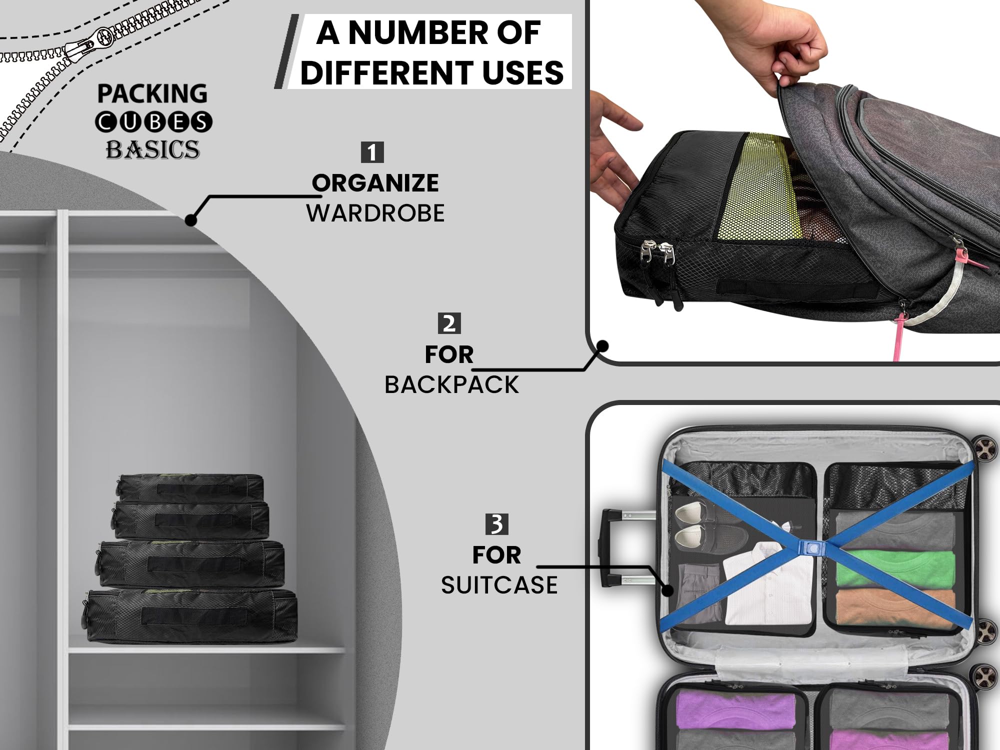 OxbOw Travel Organizer Pouch, Packing Cubes For Travel, Cloth Organizer For Travel, Suitcase Organizer For Travelling, Packing Bags For Travelling (Black, SET OF 4(1L+1M+1S+1SLIM)) 3