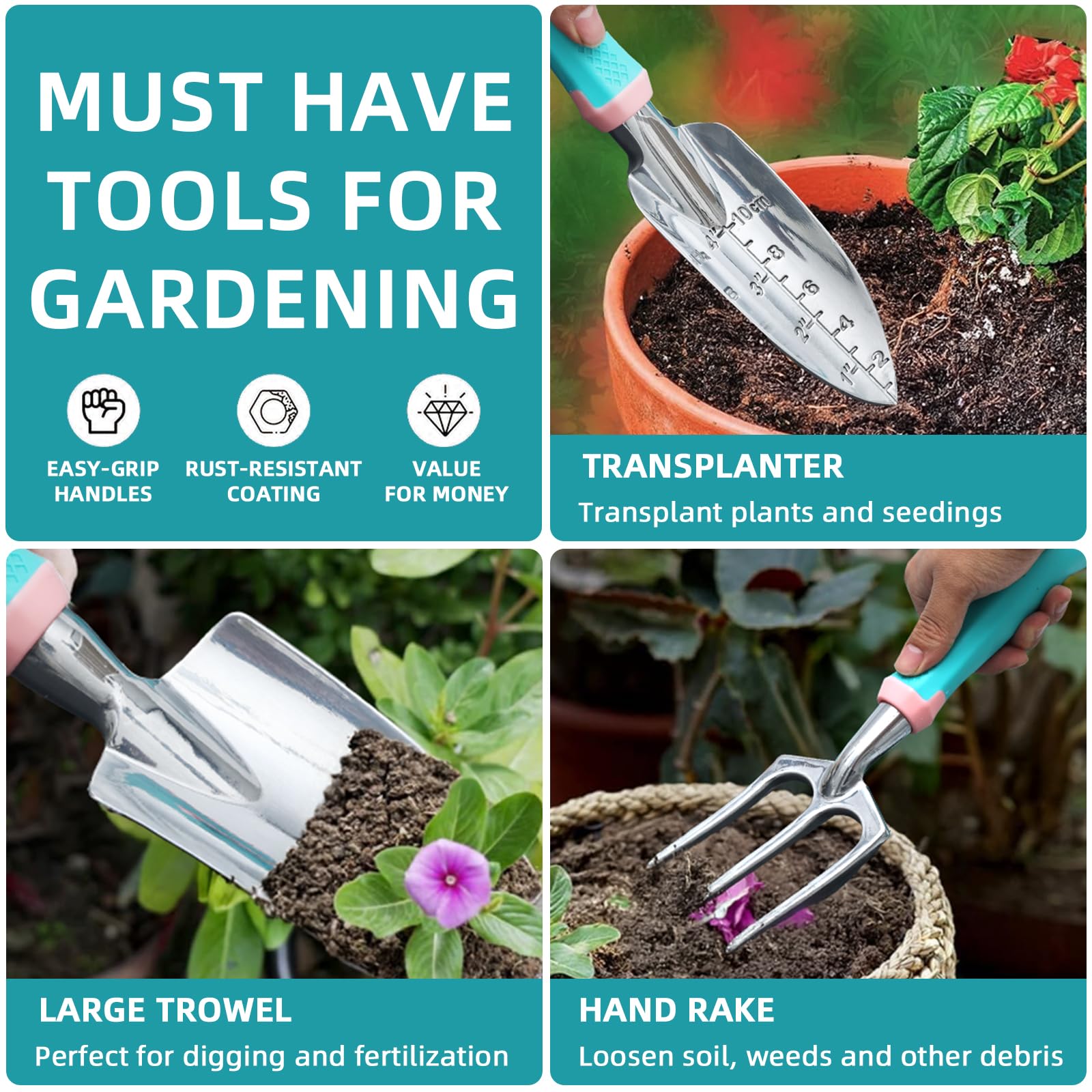 MelonArt Set di attrezzi da giardino, 8 pezzi, kit di attrezzi da giardinaggio per donne, resistente, in lega di alluminio con manico ergonomico antiscivolo, regalo ideale per donne e uomini, verde e
