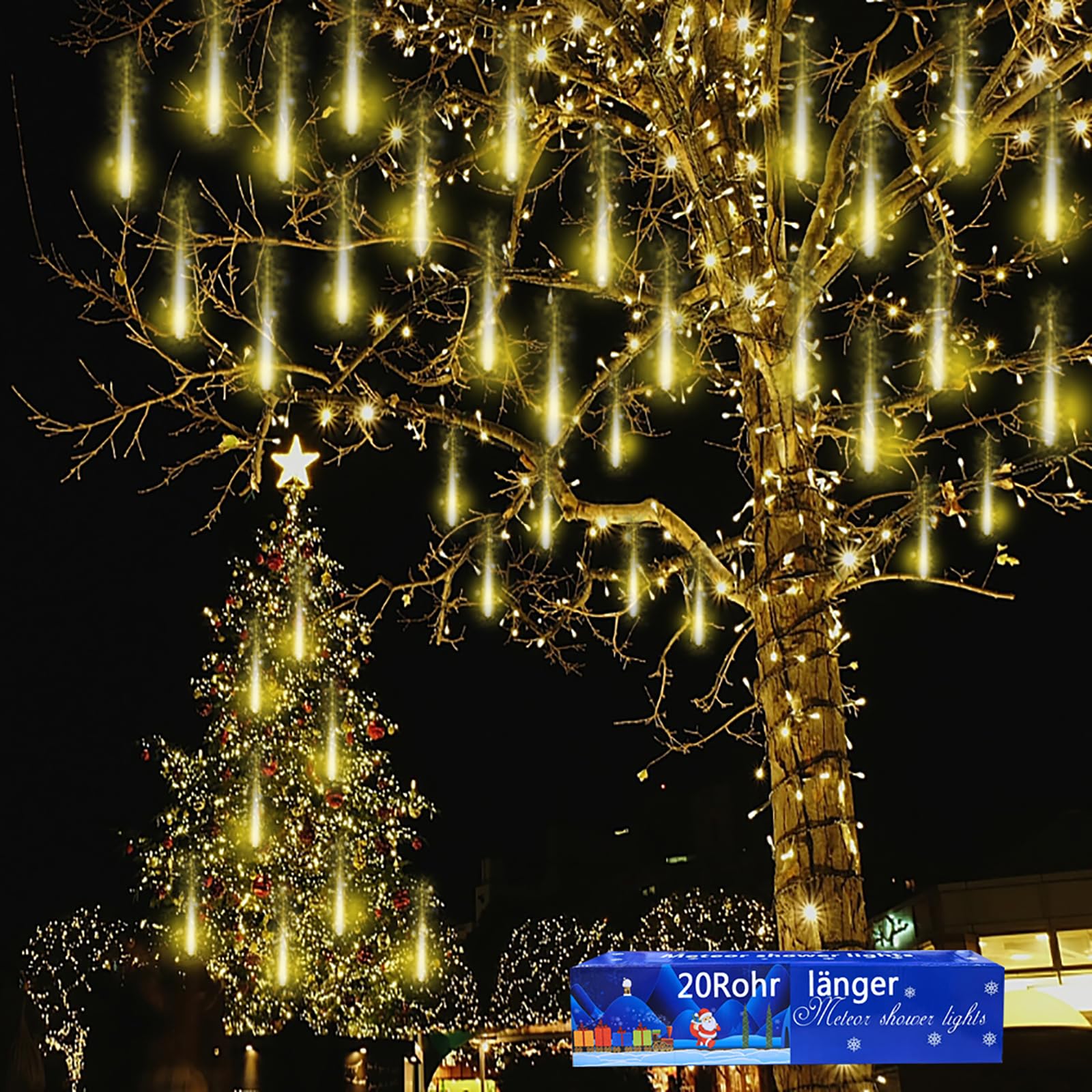 Kwaiffeo Catena luminosa per albero di Natale: 20 tubi a forma di pioggia di meteori (equivalente a 2 set di 10 tubi), luci impermeabili per Natale, Halloween, decorazione natalizia per esterni