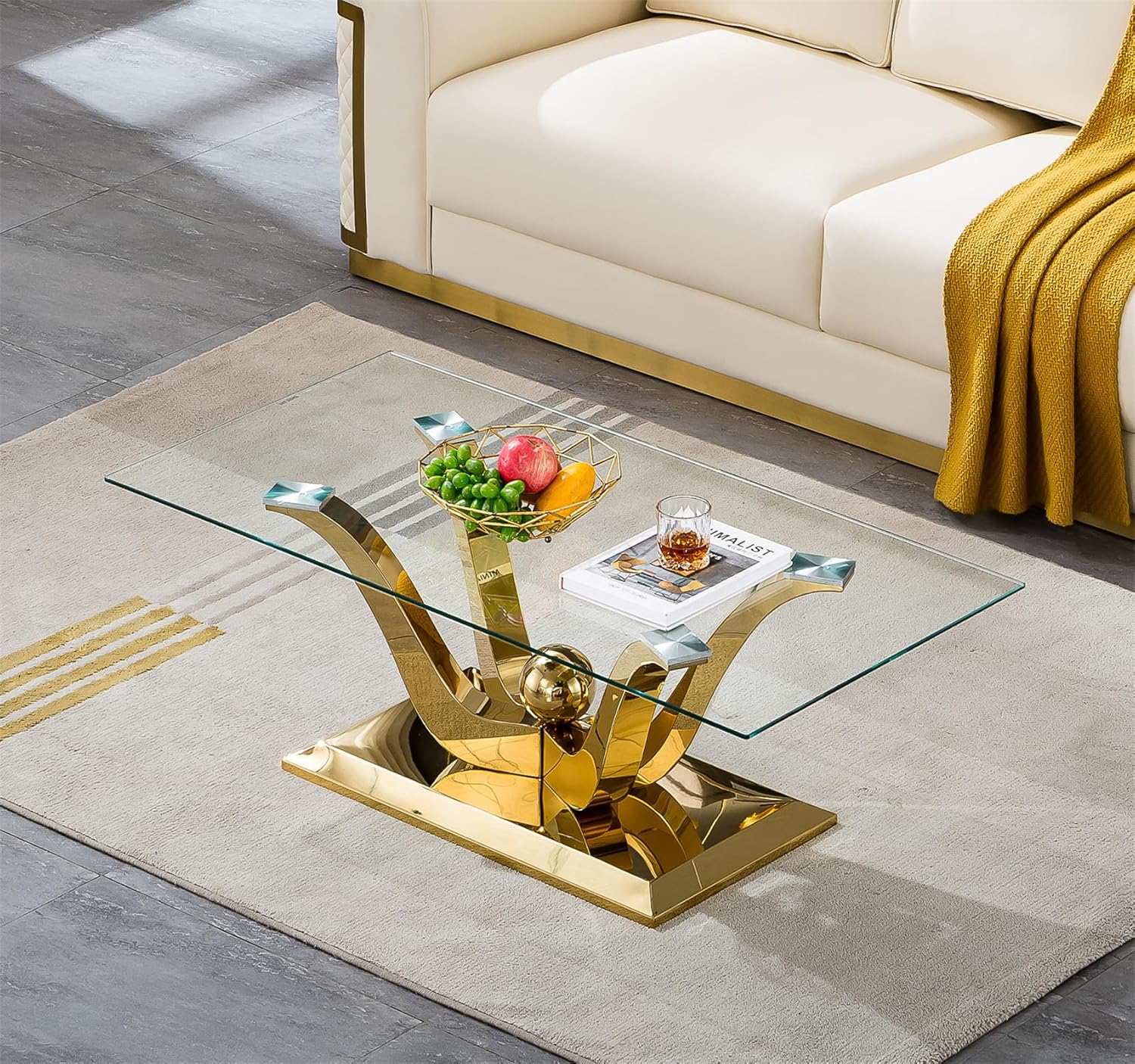 Modern Glass Coffee Table, 47" Gold Rectangle Coffee Table with 0.4" Tempered Glass Top & Gold Geometric Stainless Steel Base,Rectangle Living Room Tea Table Center Table for Home Office