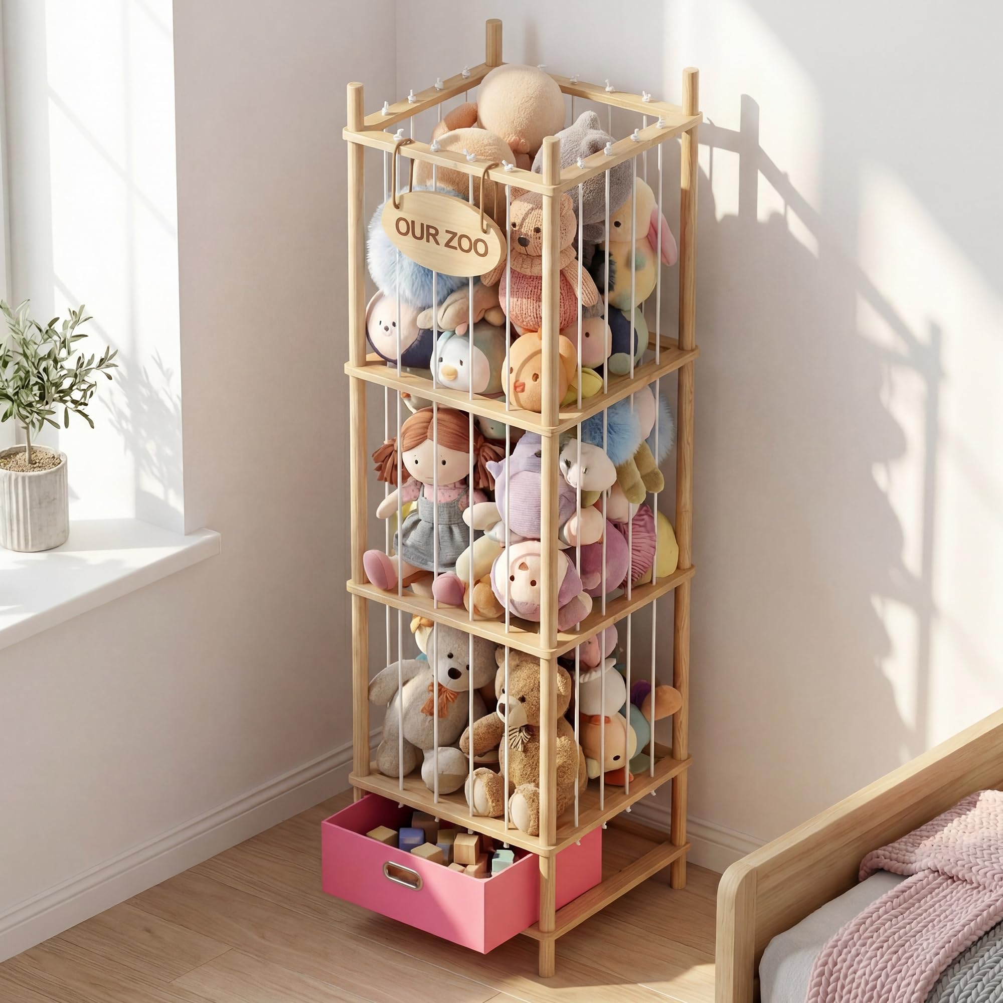 Photo 1 of Brelley Stuffed Animal Storage Zoo Wood Toy Storage Organizer with Drawer, Large Toy Chest Stuffed animal holder for Kids Nursery Playroom Bedroom