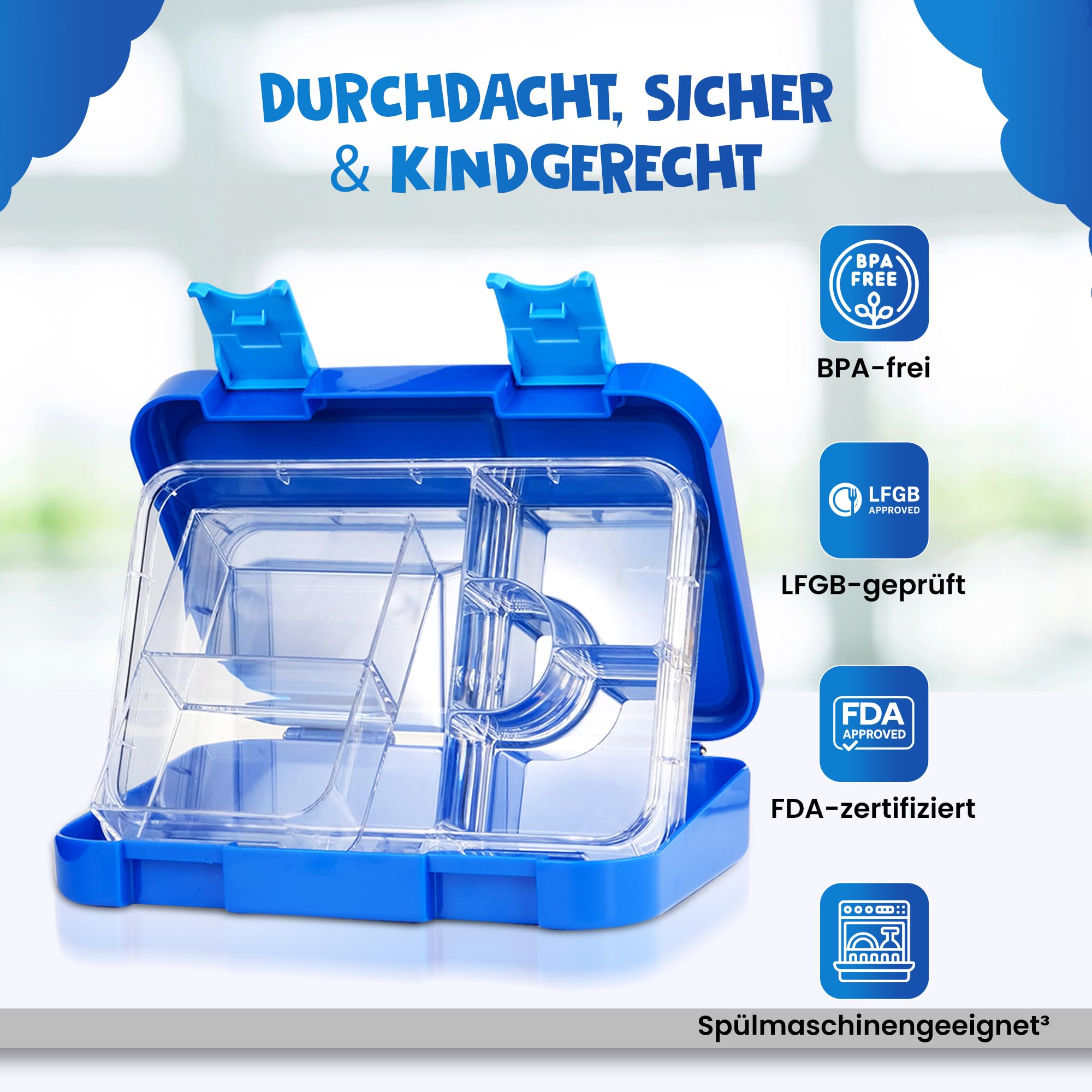 sosame® Brotdose für Kinder mit 6 Fächern – Bento Lunchbox auslaufsicher – Jausenbox für Schule & Kindergarten (Blau - Auto)