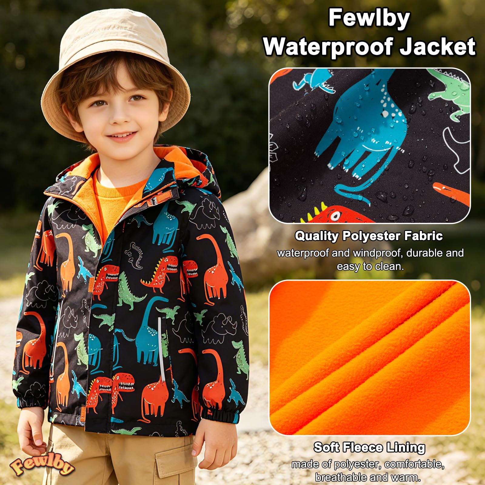 Fewlby Jungen Regenjacke, Kapuzen Outdoor Wasserdichte Jacke, Softshelljacke Fleecefütterung Übergangsjacke Gefütterte Regenjacke Kinder Regenmantel mit Kapuze, 3-4 Jahre