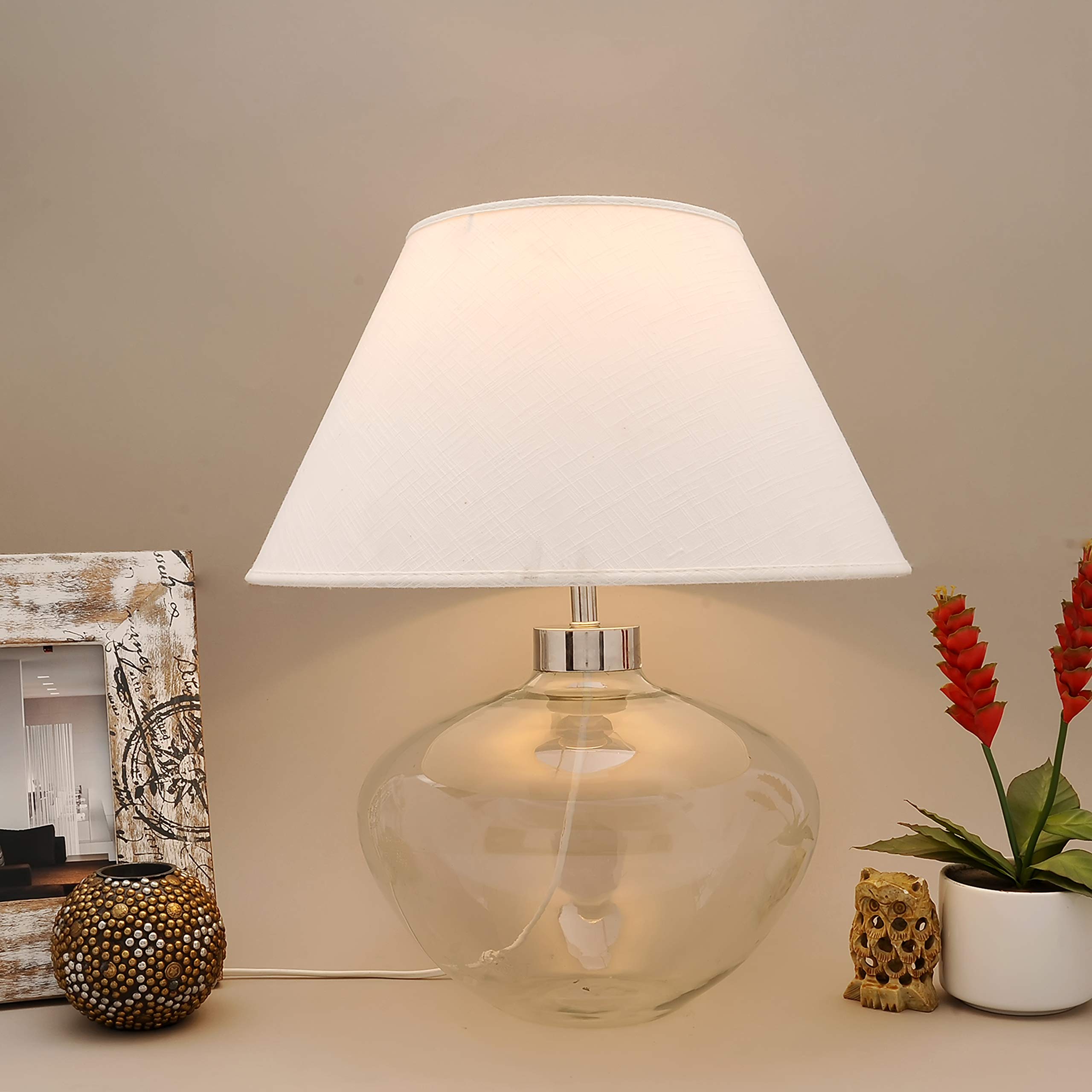 KAPOOR LAMP SHADES Ayrica Clear Glass Table Lamp with White Cotton Shade | Modern Designer Bedside & Living Room Decorative Table Light (Bulb Included)-image-33