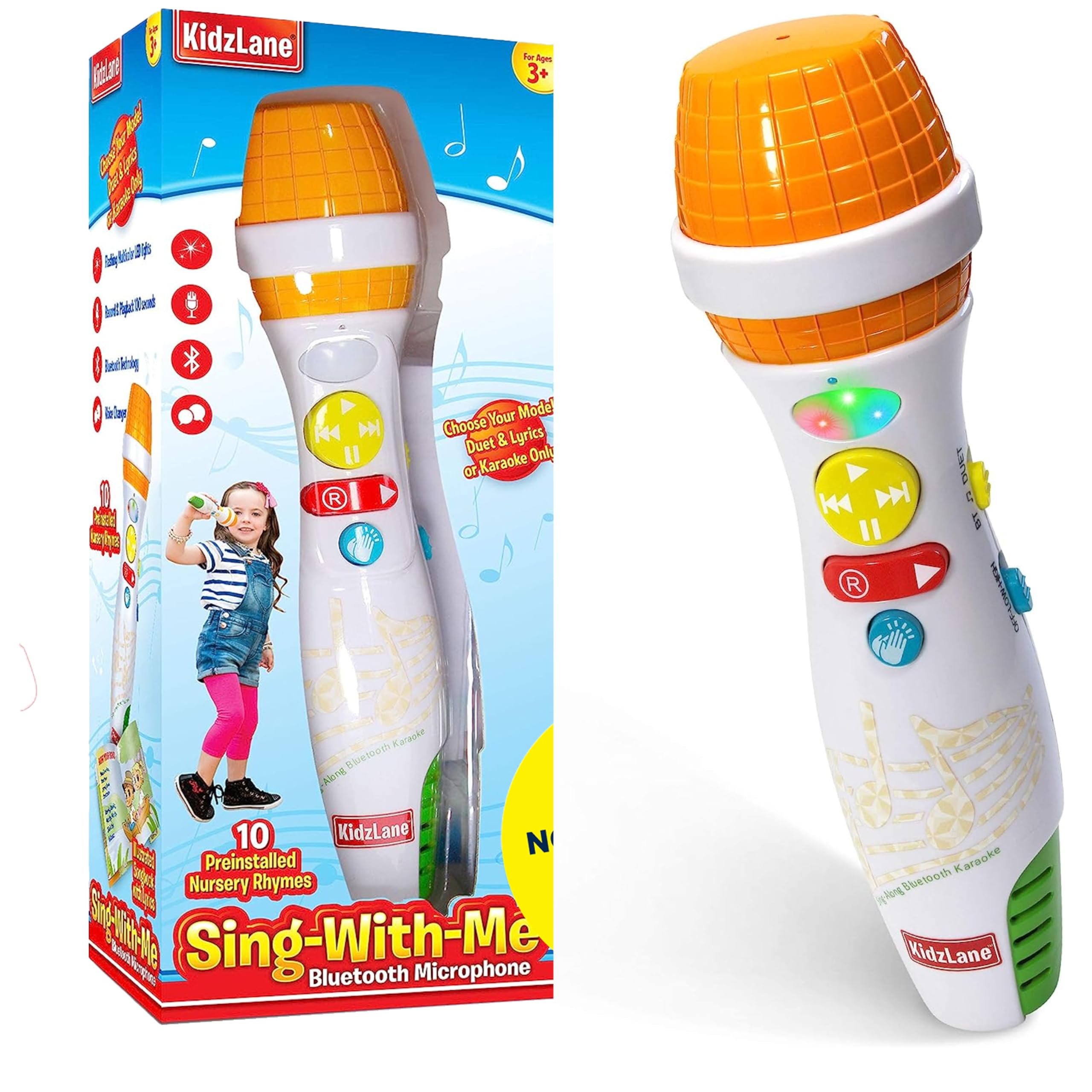 Kidzlane Bluetooth Microphone for Kids - Toy Karaoke Microphone with Voice Changer and 10 Nursery Rhymes for Ages 3 and Up