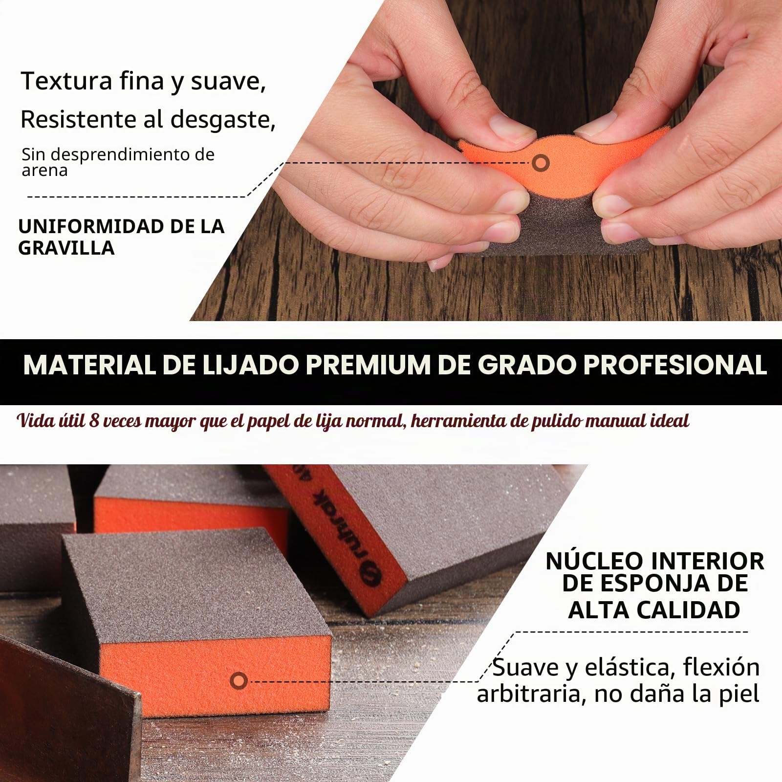 Bloque de Lijado 6 Piezas, Esponjas de Lijado Duras, Grano 1x 80/100/120/180/320/400, Almohadillas de Lijado Reutilizables en Seco y Húmedo para Madera, Plástico, Paneles de Yeso