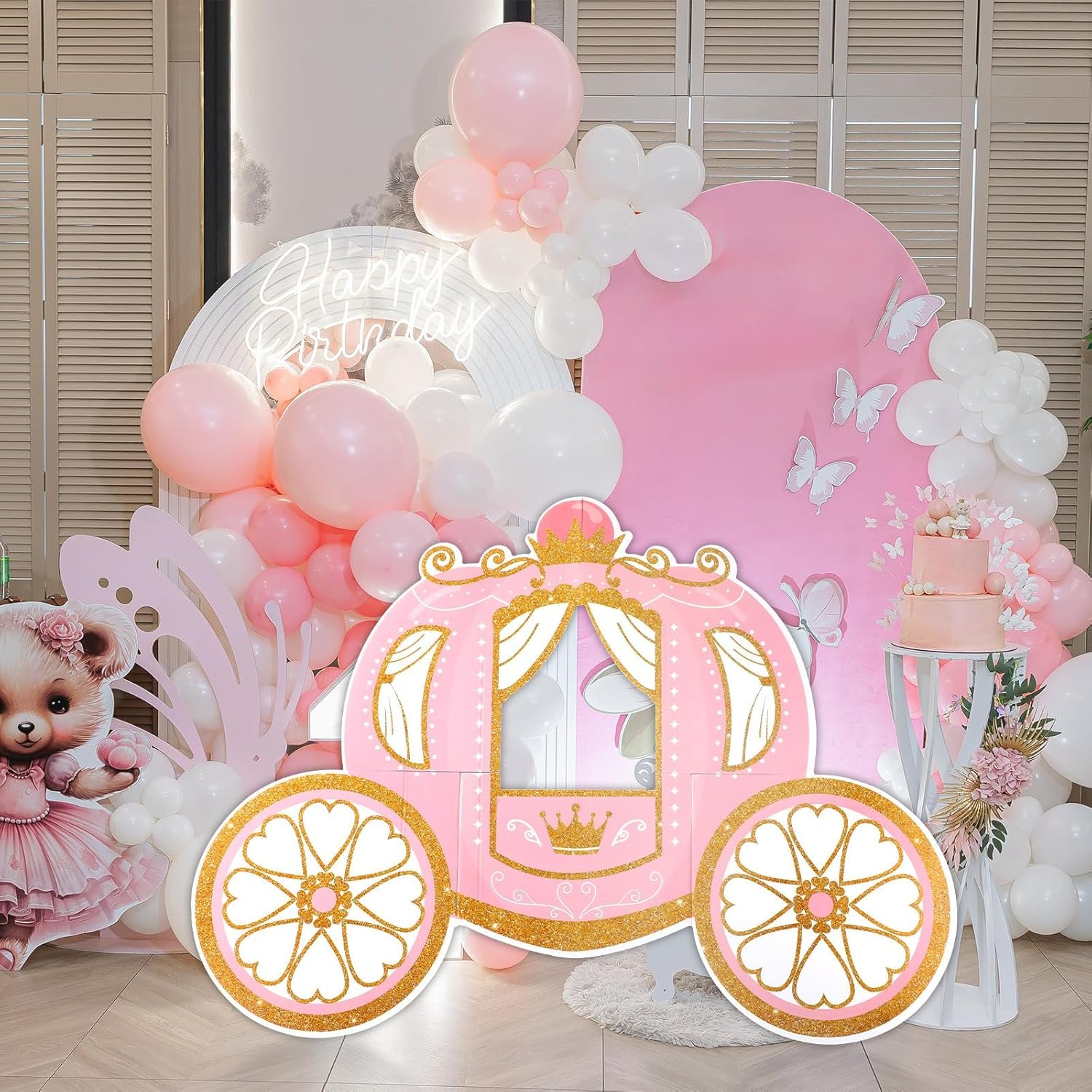 Pink Princess Carriage Cardboard Cutout Stand up Large Size Princess Photo Booth Props Carriage Photography Backdrops Pink Gold Cardboard Decorations for Girl Baby Shower Birthday Party Supplies