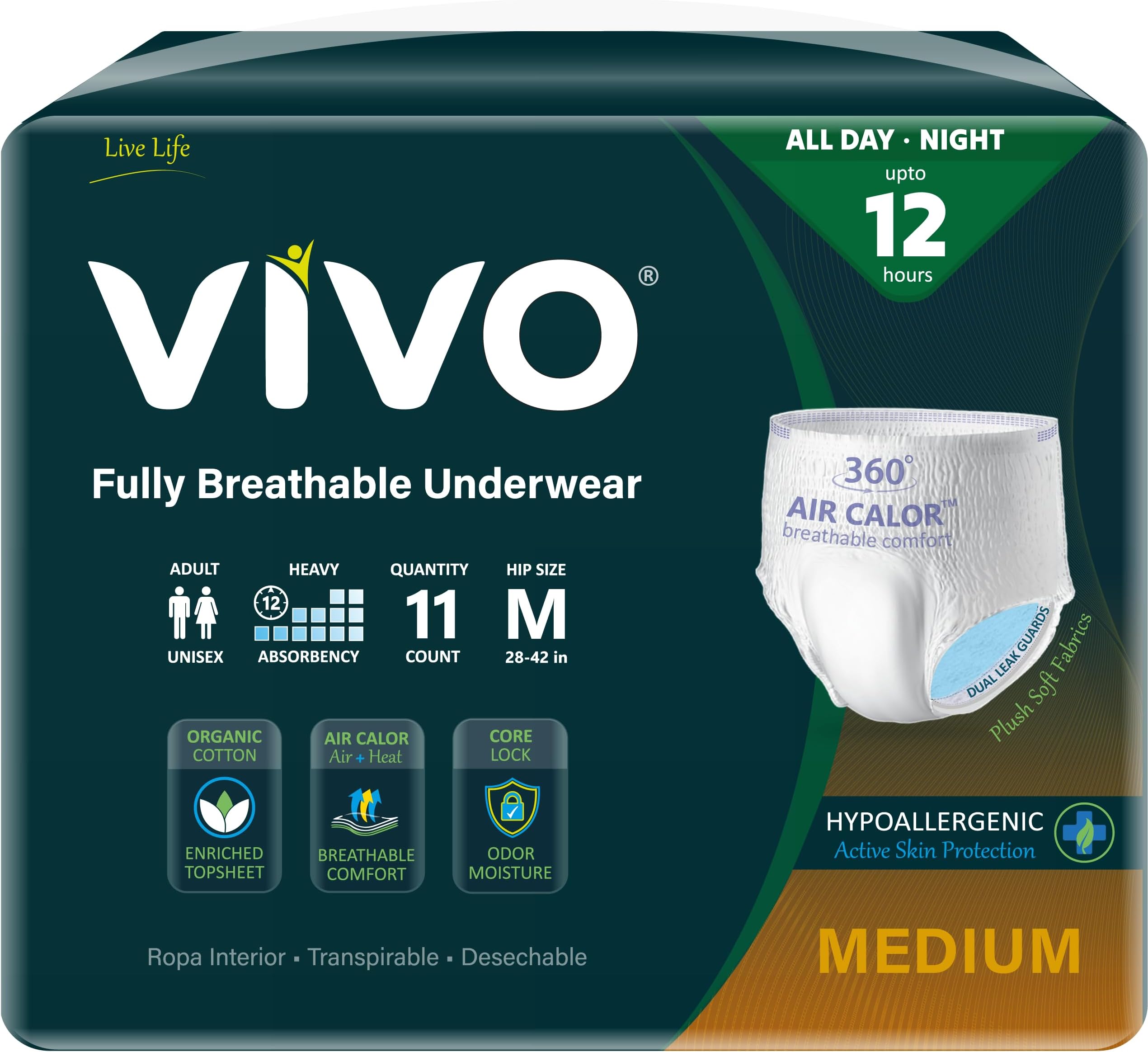 VIVO Organic Cotton Sensitive Skin Overnight Adult Incontinence Pullup Underwear, Women & Men, Medium 11 Count