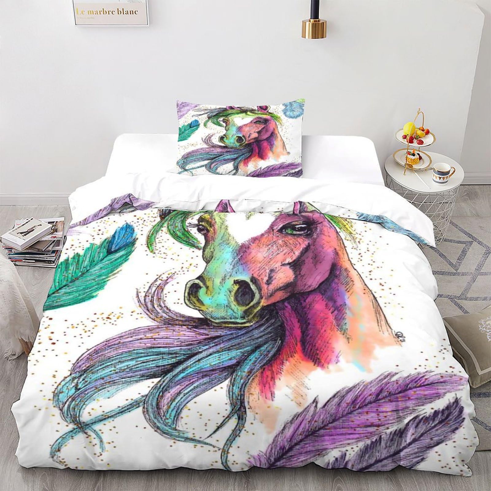 Horse Feather Bedding Set 3D Digital Printing Animal Theme Duvet Cover Set for Boys & Girls Chic Breathable Quilt Cover with Pillowcase Single（135x200cm）