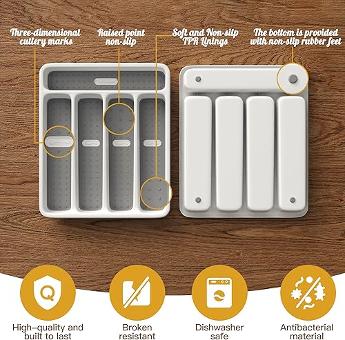 Miniatura 2 de Organizador de cajones de utensilios de 5 ranuras para cubiertos y cubiertos  Soporte grande de plástico para utensilios con diseño antideslizante,