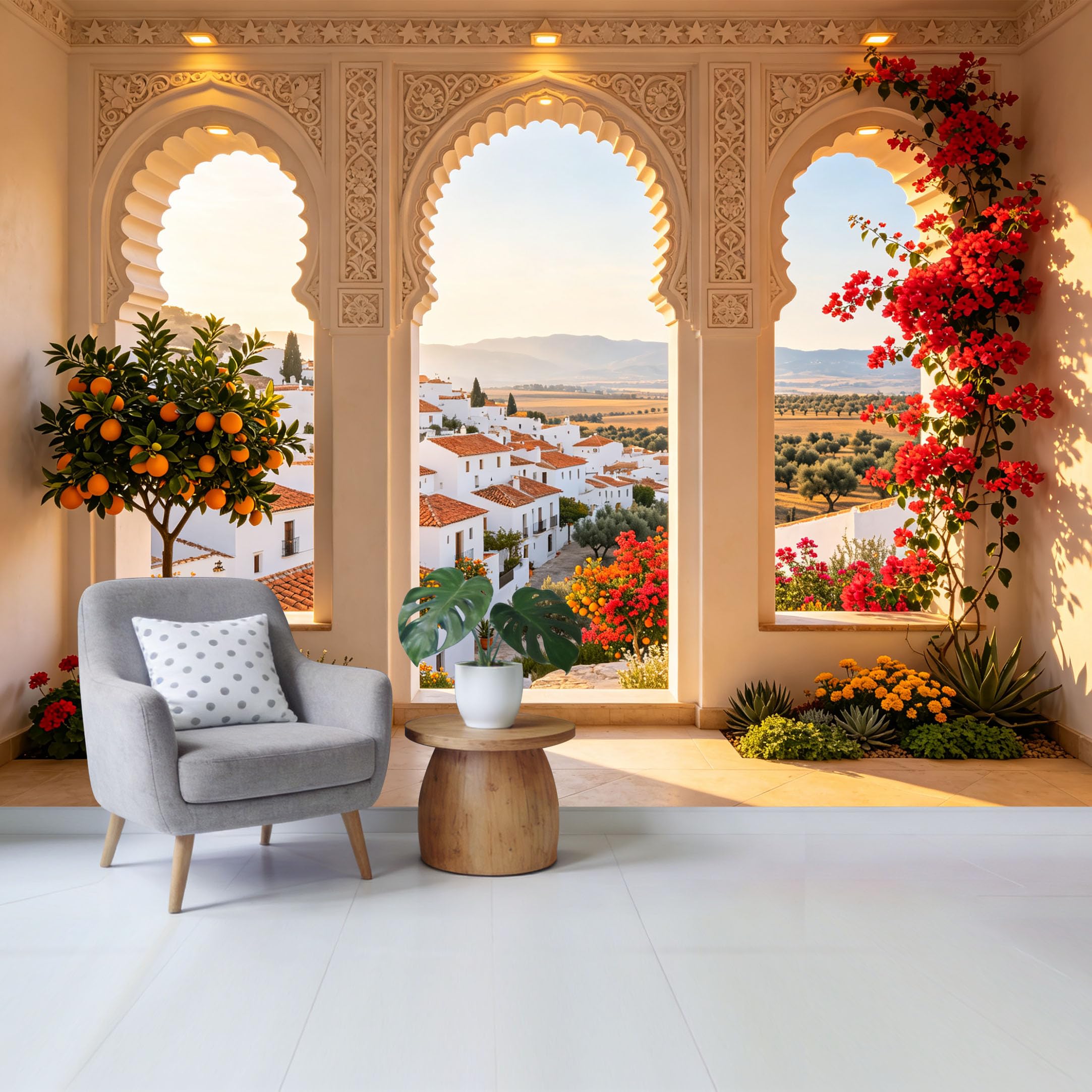 Custom Size Wall Mural Mediterranean Courtyard Landscape with White Village Orange Trees and Bougainvillea Removable Self Adhesive Fabric Home Wall Decor for Living Room Bedroom Bathroom