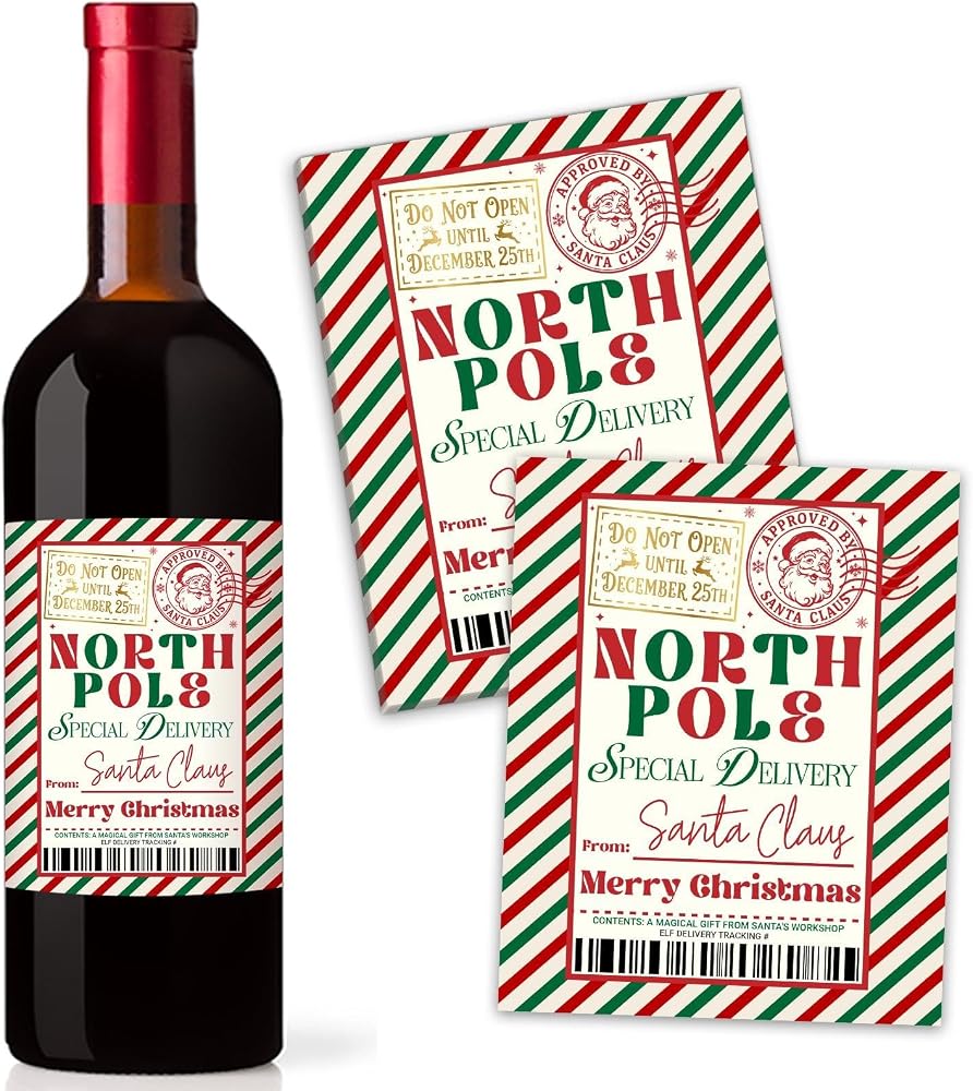 Christmas Wine Bottle Labels, North Pole Santa Stickers for Bottles — 사진 1