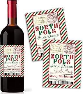 Christmas Wine Bottle Labels, North Pole Santa Stickers for Bottles