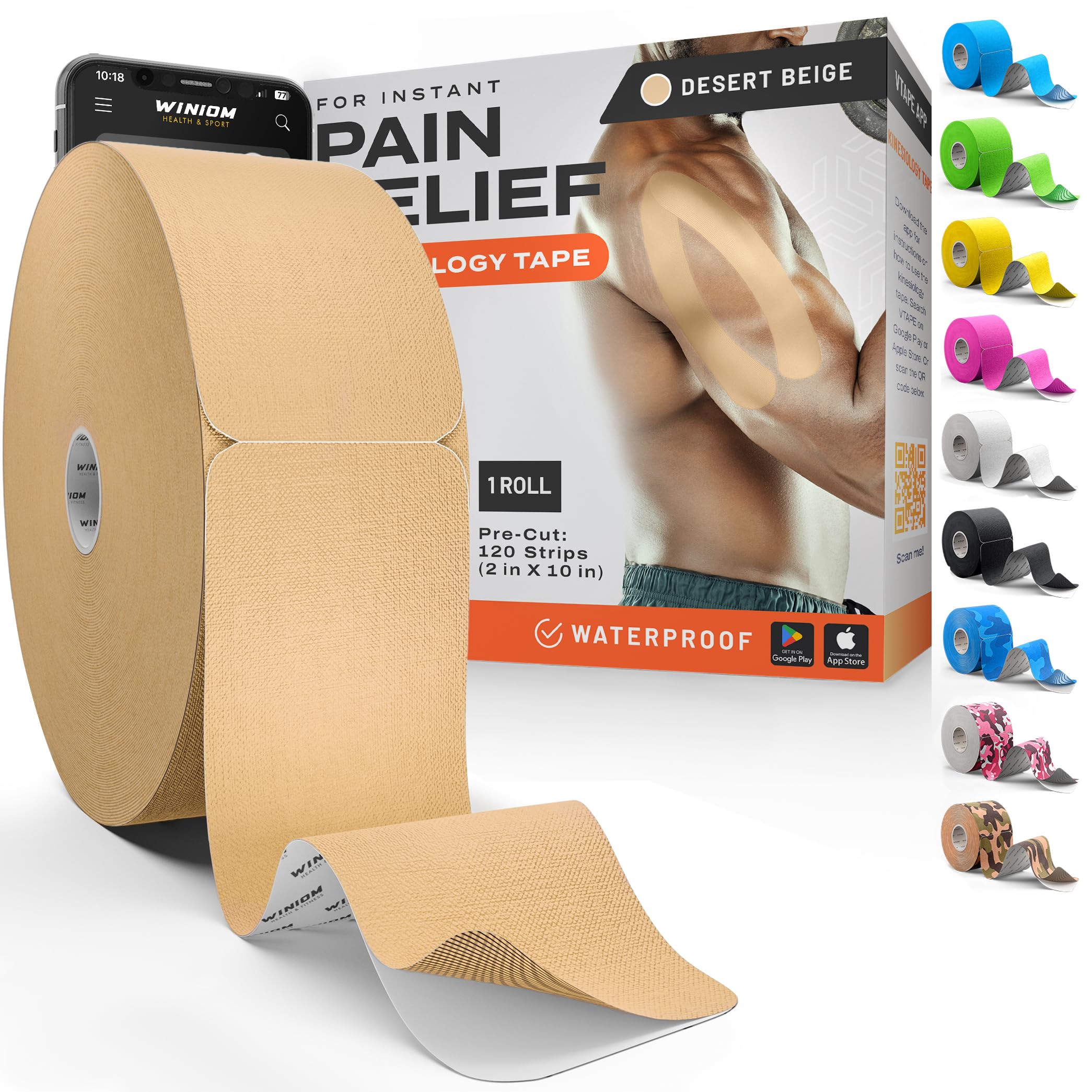 Kinesiology Tape - Waterproof Athletic Sports Tape for Knee, Shoulder, Arm &amp; Back Support | 3-5 Day Adhesion, Hypoallergenic &amp; Latex-Free + Taping Guide (Precut, 2"x100ft Roll, Desert Beige)
