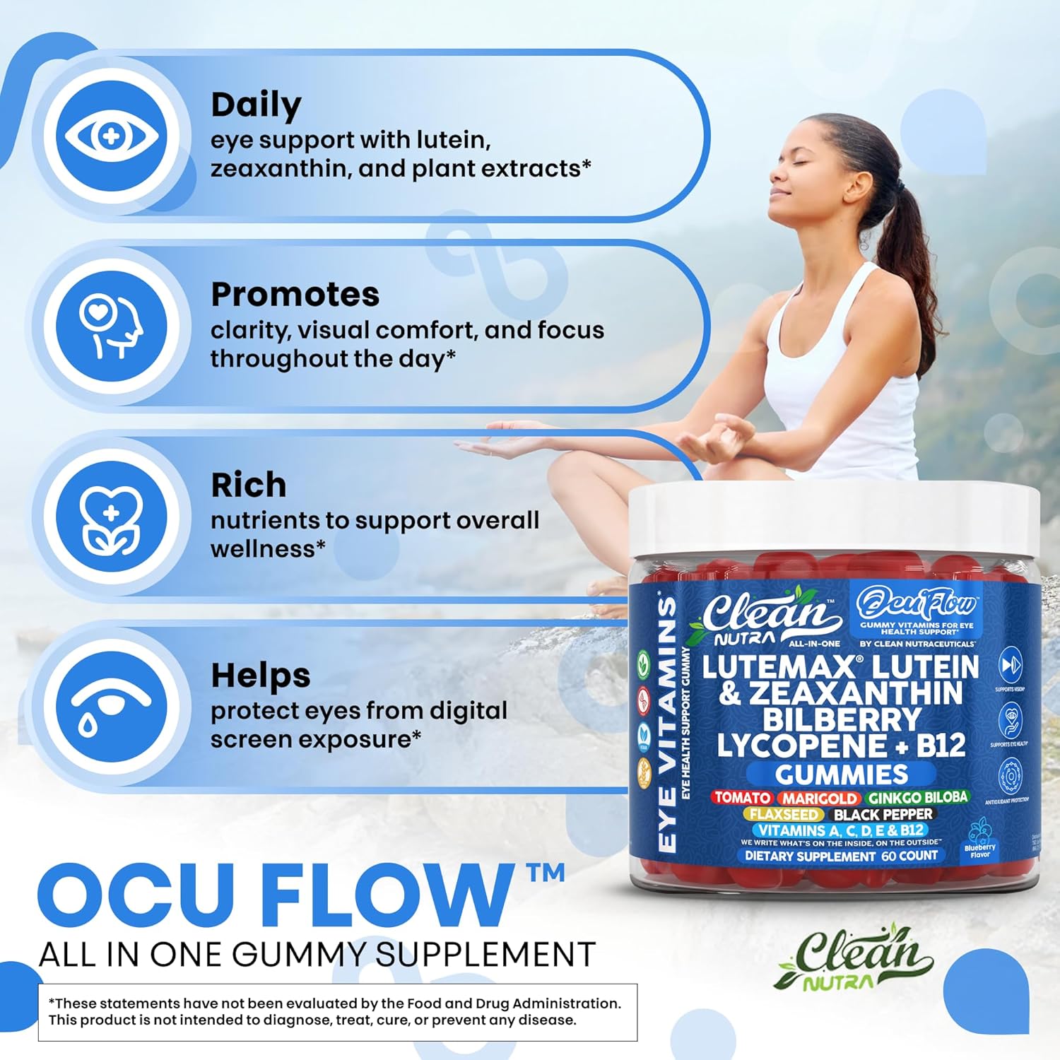 Clean Nutra Lutein and Zeaxanthin Eye Vitamins Gummies + Bilberry for Eyes Vision Support Ginkgo Biloba Marigold, Vitamin B12 Flaxseed Black Pepper CoQ10 Vitamin A l 60 Count B OcuFlow - Image 5