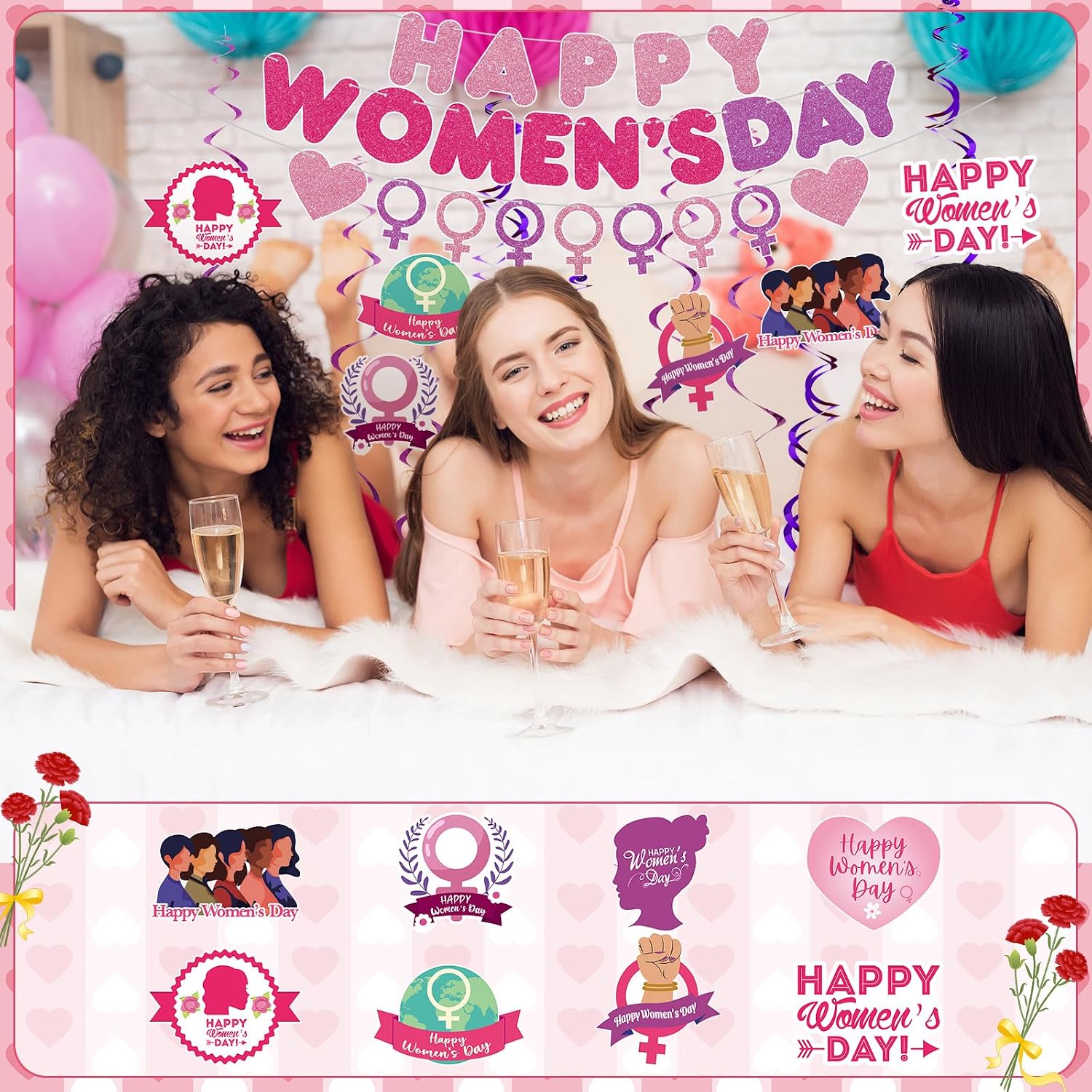 Eaasty 51 Pcs Glitter International Womens Day Party Decorations Happy Women's Day Banner Feminist Cards Ornaments Hanging Swirls Accessories for Women's History Month Party Wall Decor image 4