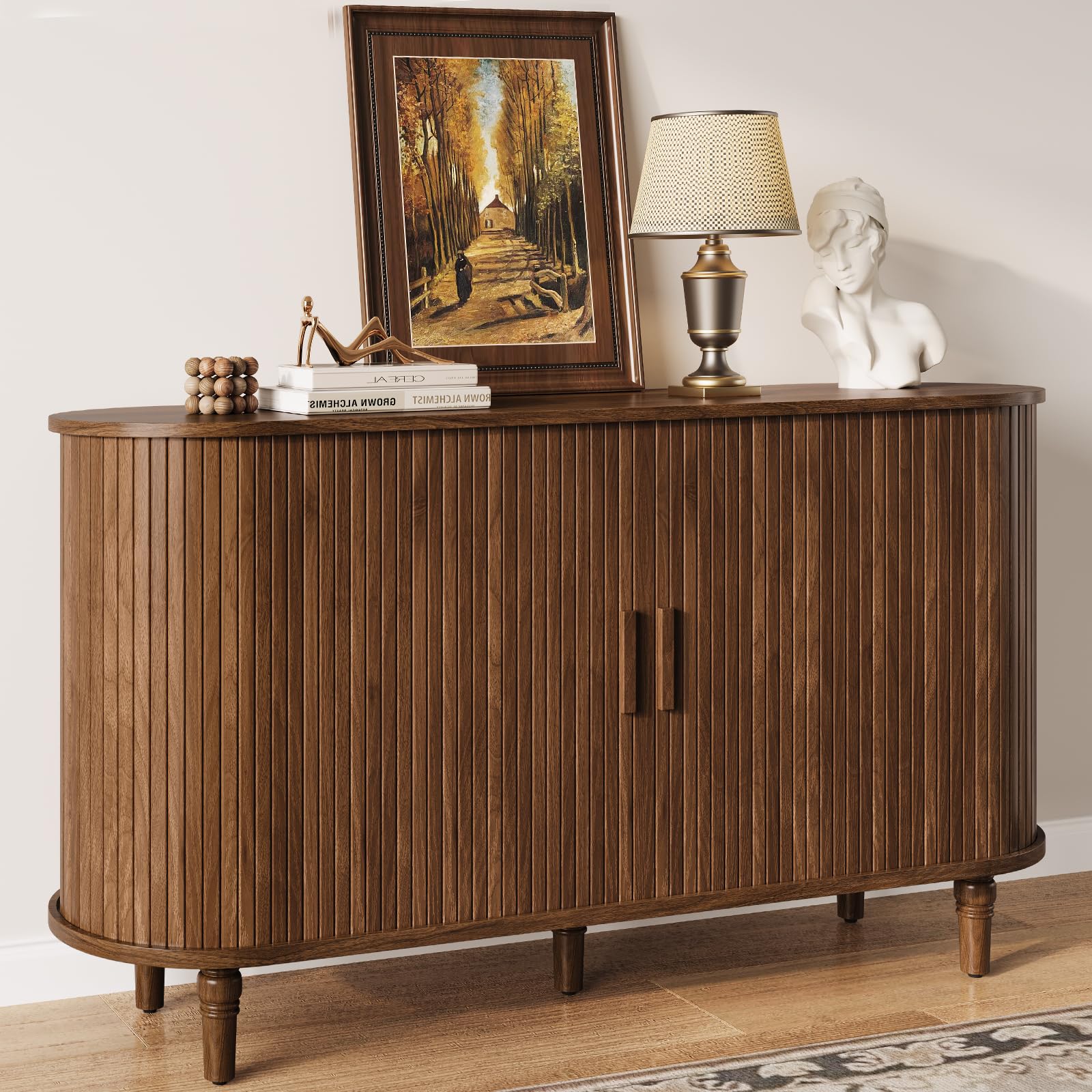 sideboard buffet cabinet with storage - accent kitchen credenza console table with sliding door & adjustable shelf, fluted coffee bar sideboards for living room, dining room, entryway, walnut( half of shelf only )
