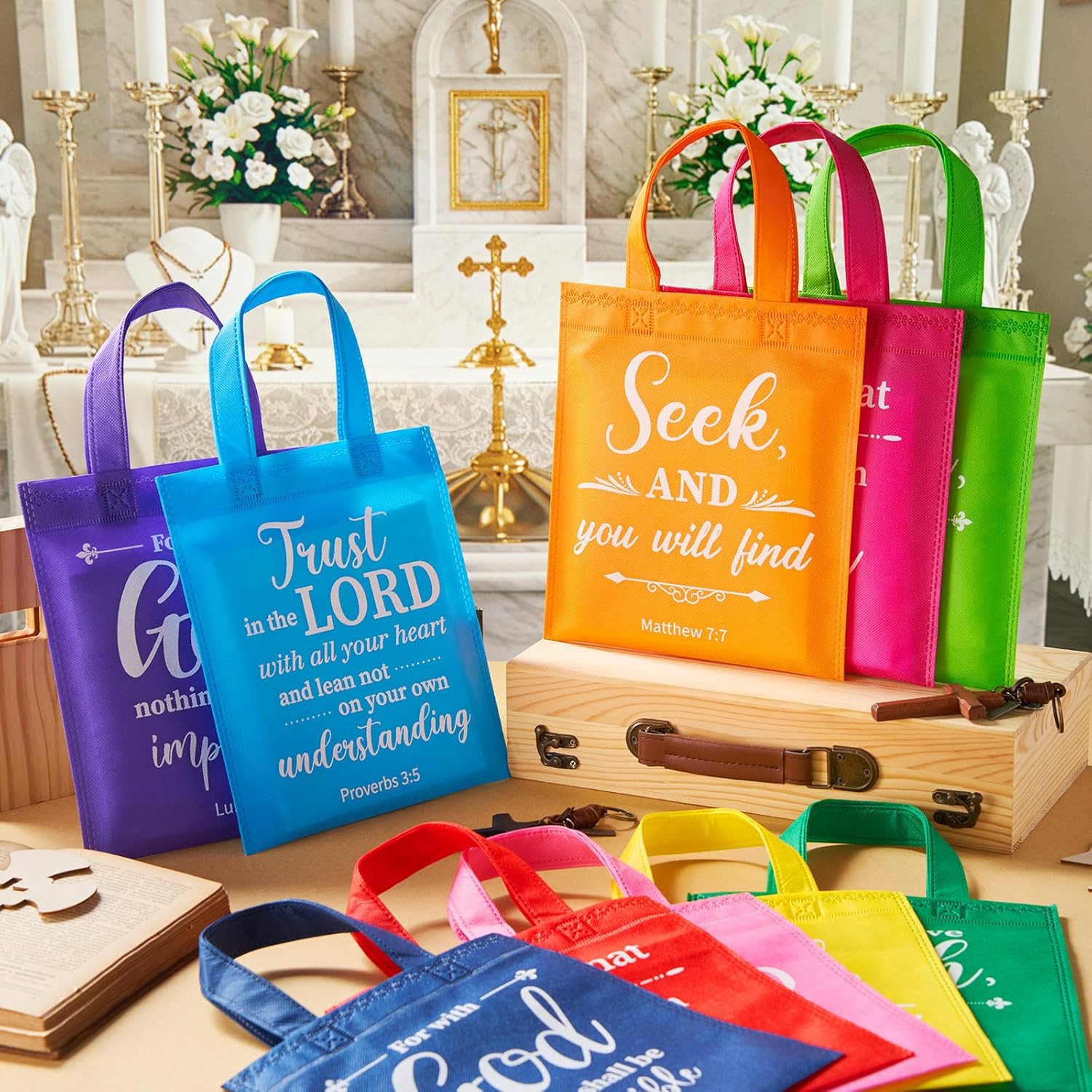 WILLBOND Christian Gift Bags Reusable Bible Verse Non Woven Fabric Bags Bulk Inspirational Religious Goodie Wrapping with Handle for Church Party Favor Small Business Supply - Image 7