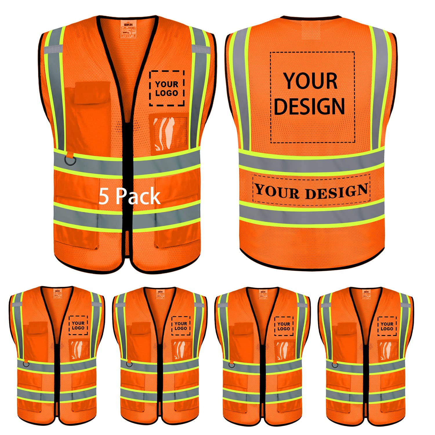 BeautyWill Custom safety Vest, Hi Vis Safety Vest with Logo Class 2 Reflective Securiry Safety Vest Construction Uniform Meets ANSI/ISEA Standards