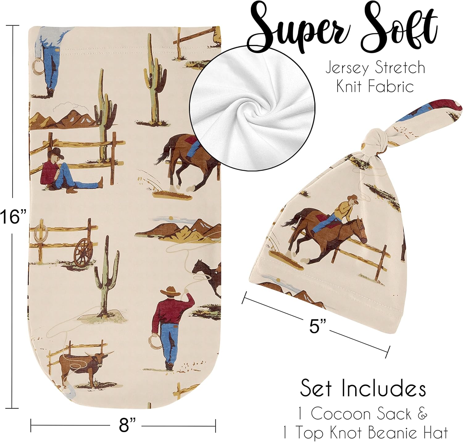Sweet Jojo Designs Wild West Cowboy Baby Boy Cocoon and Beanie Hat 2pc Set Jersey Stretch Knit Sleeping Bag for Infant Newborn Nursery Sleep Wrap Sack - Red, Blue, Tan Western Southern Country Horse