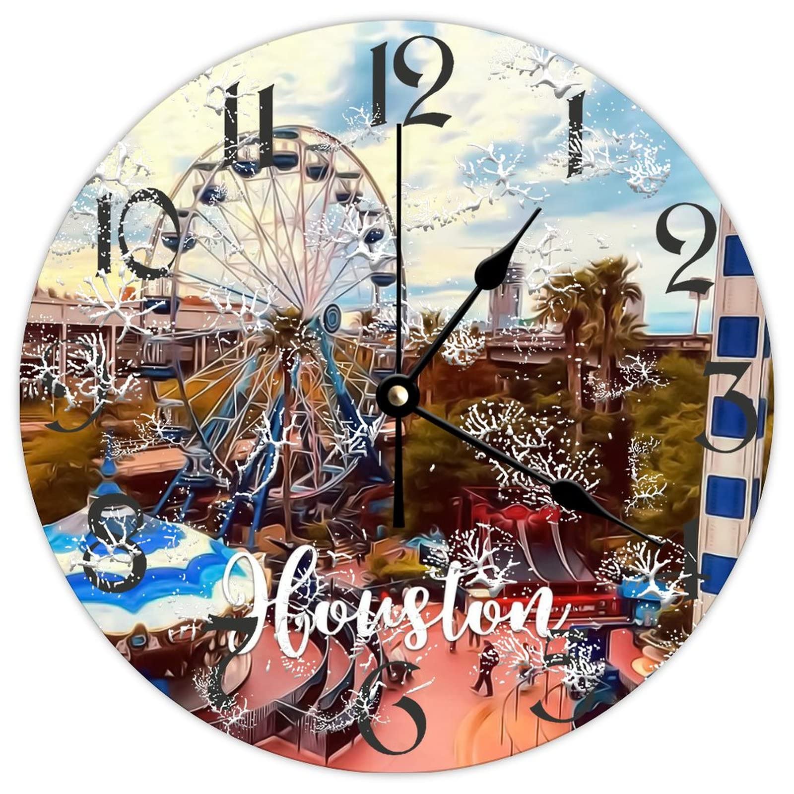 Horloge ronde en bois Houston City vintage et rétro de 38 cm pour salon