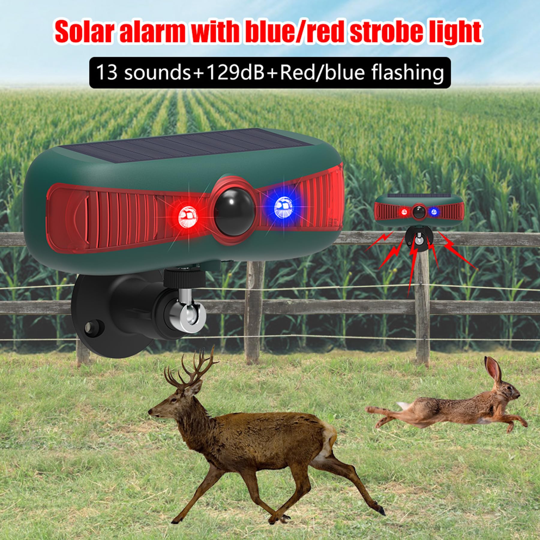 Alarma solar con sensor de movimiento para exteriores, 13 sonidos diferentes, alarma de perro ladrido, 129 dB x 2 sirena fuerte, 4 modos de trabajo, 2 luces estroboscópicas, detector de
