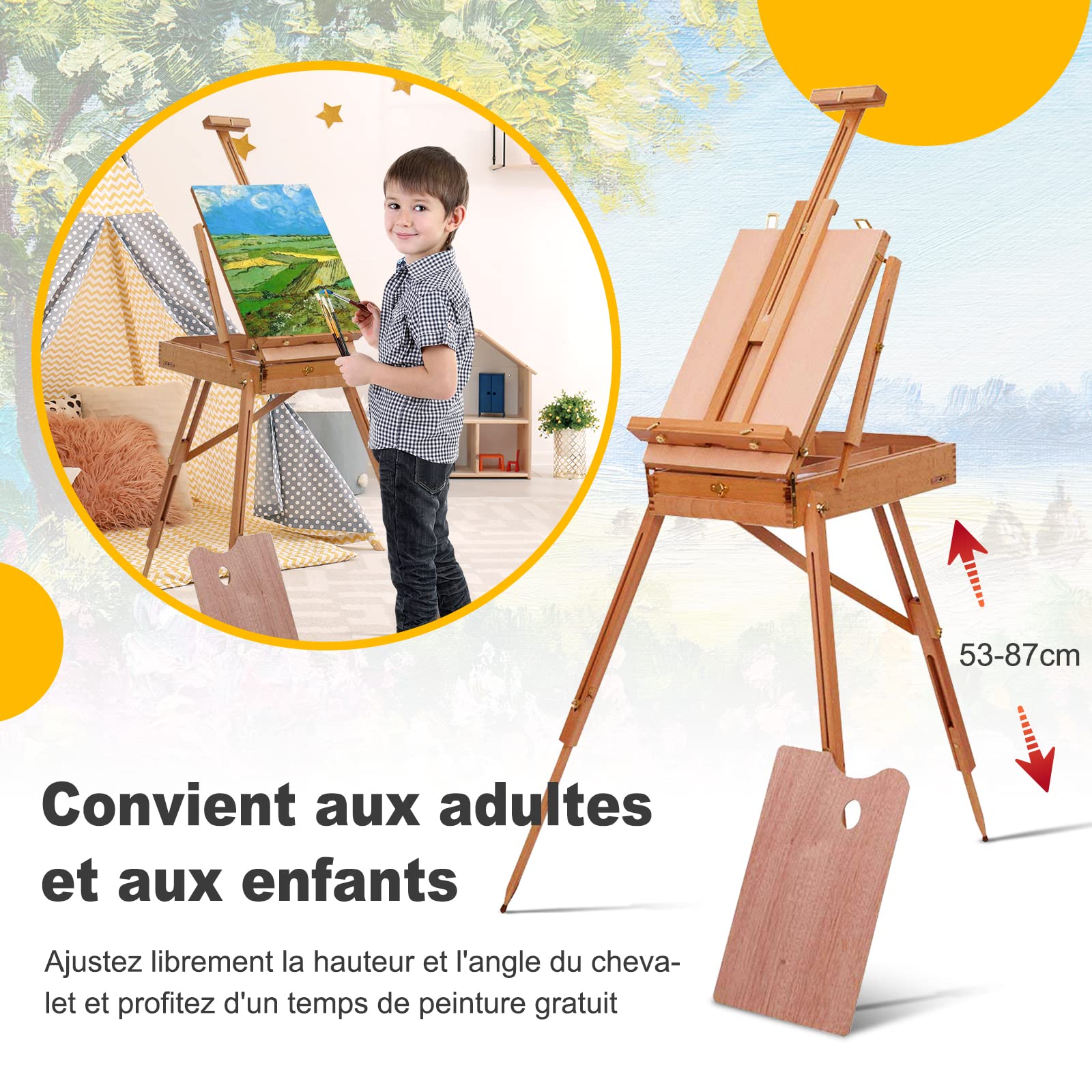 COSTWAY Chevalet Réglable Trépied avec Tiroir, Chevalet Professionnel Multifonction pour Peindre, Dessiner pour Peinture en Bois de Hêtre, Hauteur Réglable, 71 x 114 x 180 cm