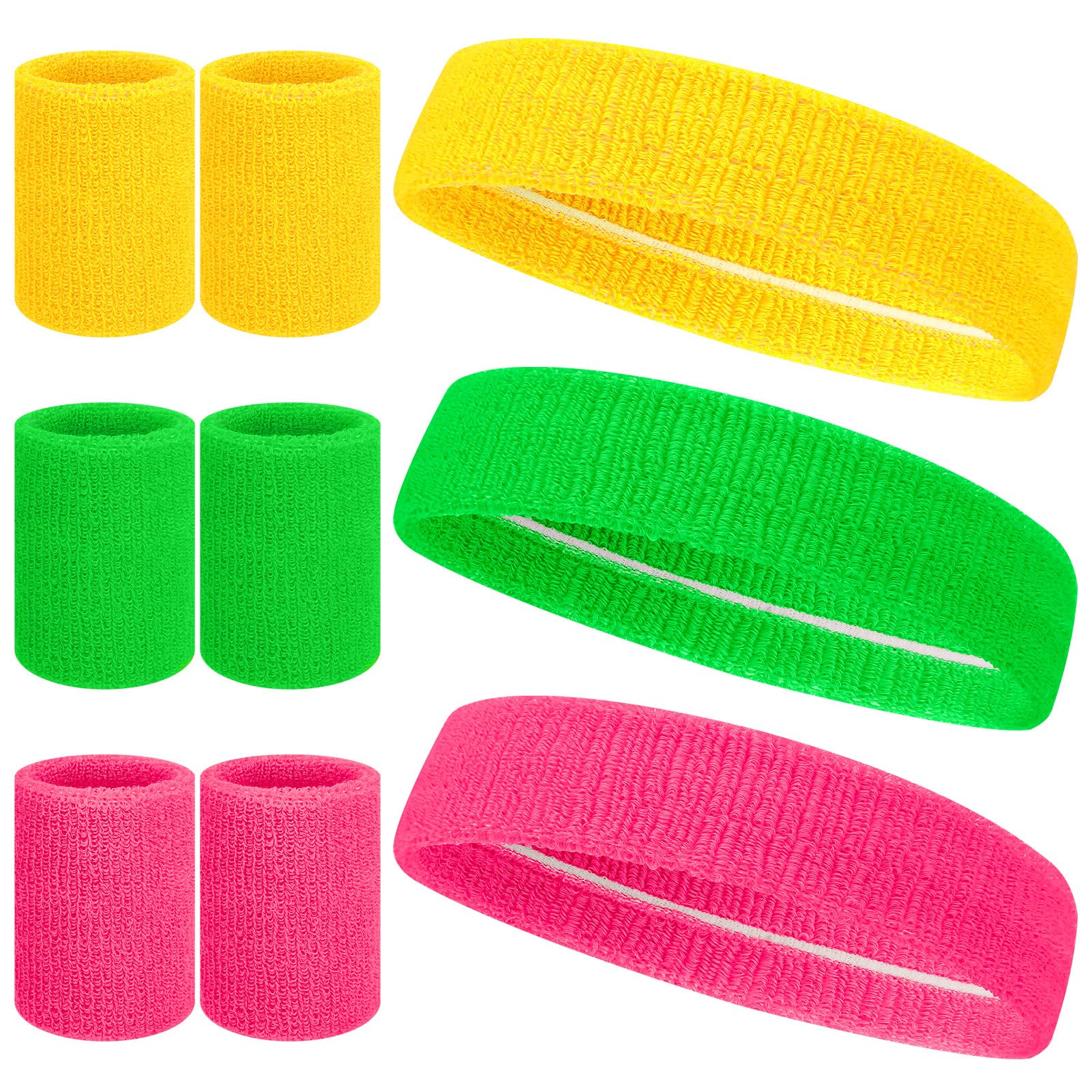 Meng Jiaran 9Pcs Sports Headband and Wristbands Set 80s Neon Sweat Bands Absorbent Sweatbands Cotton Head Band Wrist Bands Set for Running Exercise Gym Sports Tennis Basketball,3 Colors โ image 1
