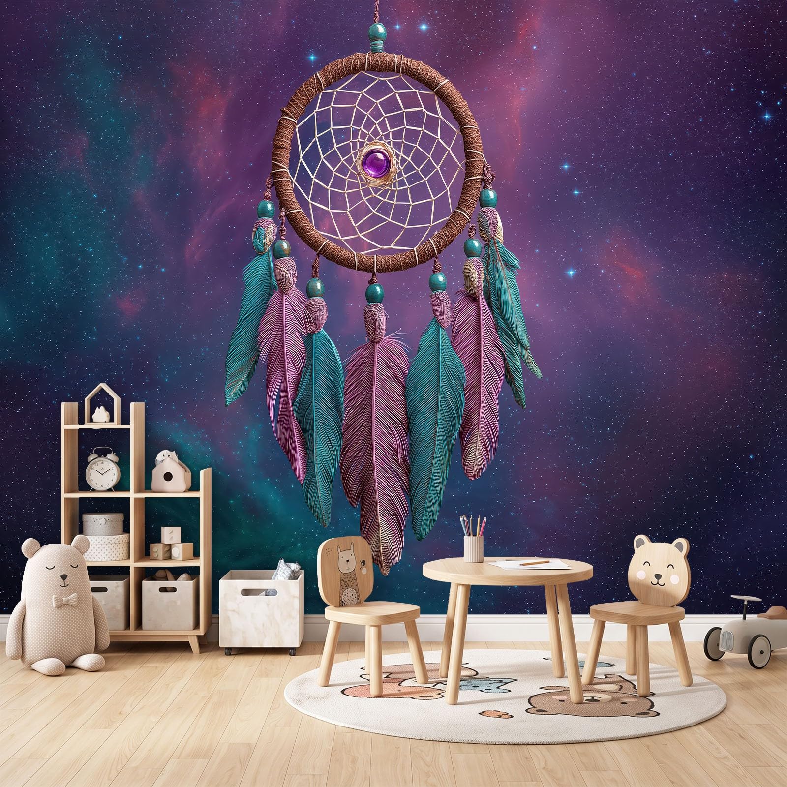 Fototapete Traumfänger Federn Sternenhimmel B250 x H175 cm | Vliestapete Wandtapete Boho Fototapeten für Wohnzimmer Schlafzimmer Kinderzimmer, Wanddeko 3D Effekt Motivtapeten