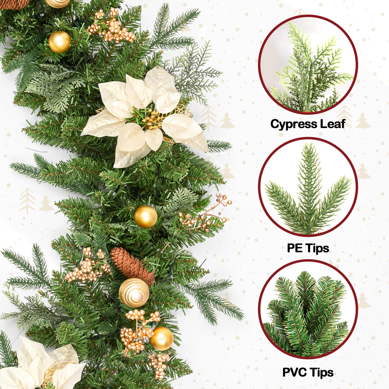 ENVEN Guirnalda de Navidad de 9 pies preiluminada con 50 luces LED, decoración artificial para escaleras, manto, puerta, guirnalda interior y exterior con temporizador que funciona con pilas (flor de
