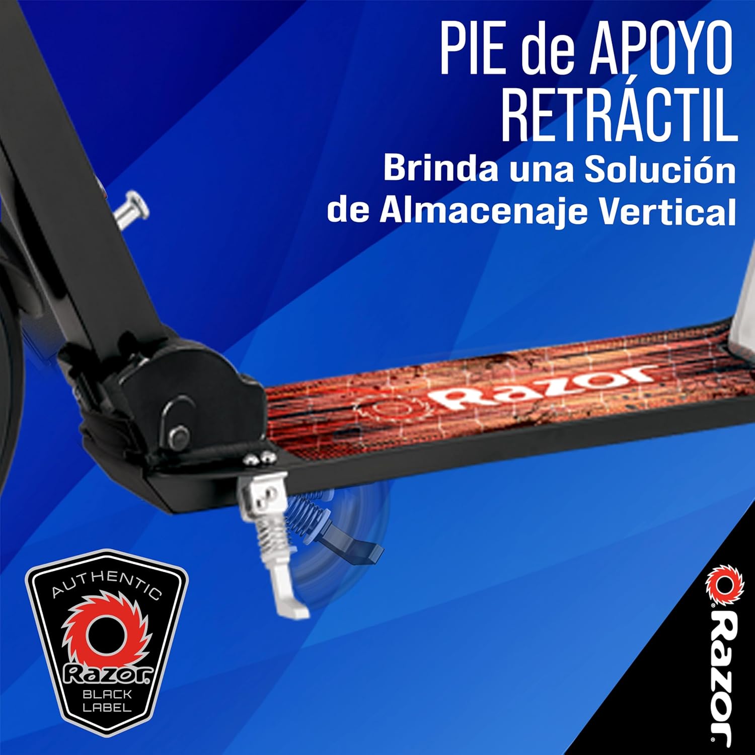 Close-up of the retractable kickstand on the Razor A5 Lux scooter, offering a vertical storage solution.