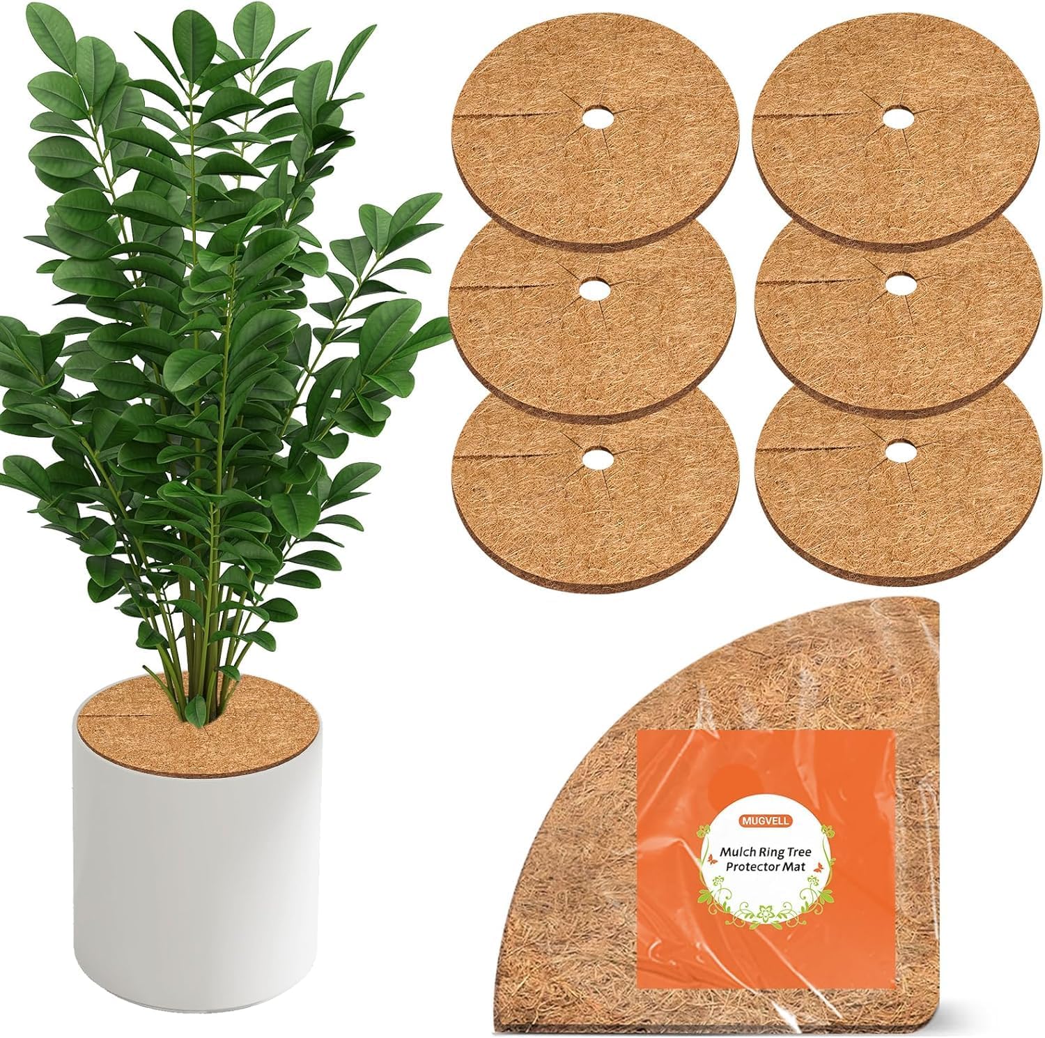 Coco Coir Mulch for Landscaping, 24 Inch Coconut Liners for Planters, 6 Pcs Coconut Fiber Tree Ring, Plant Covers from Animals,Dirt and Tree Protectors