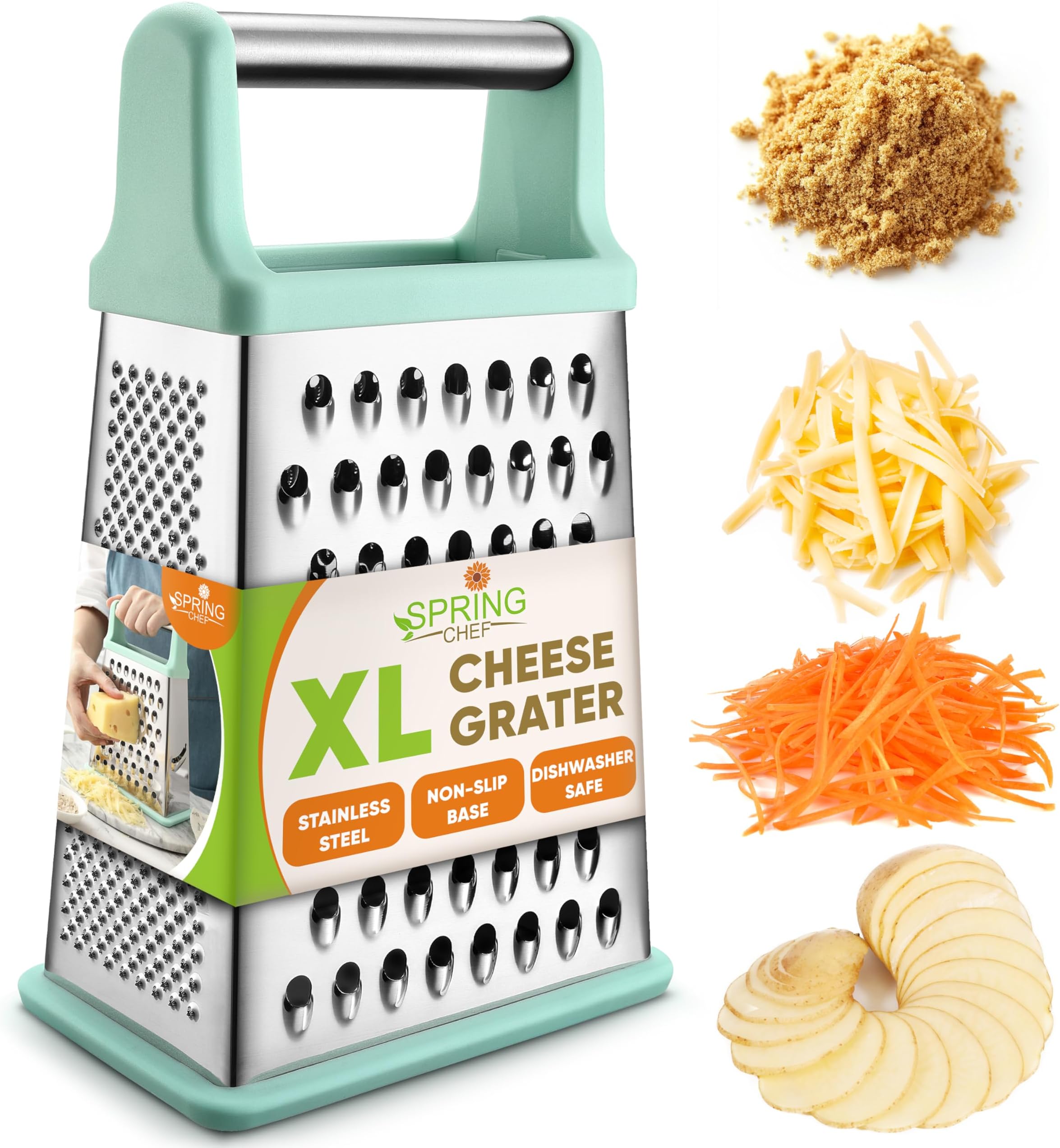 Spring Chef Professional Box Grater, Stainless Steel with 4 Sides, Best for Parmesan Cheese, Vegetables, Ginger, XL Size, Mint