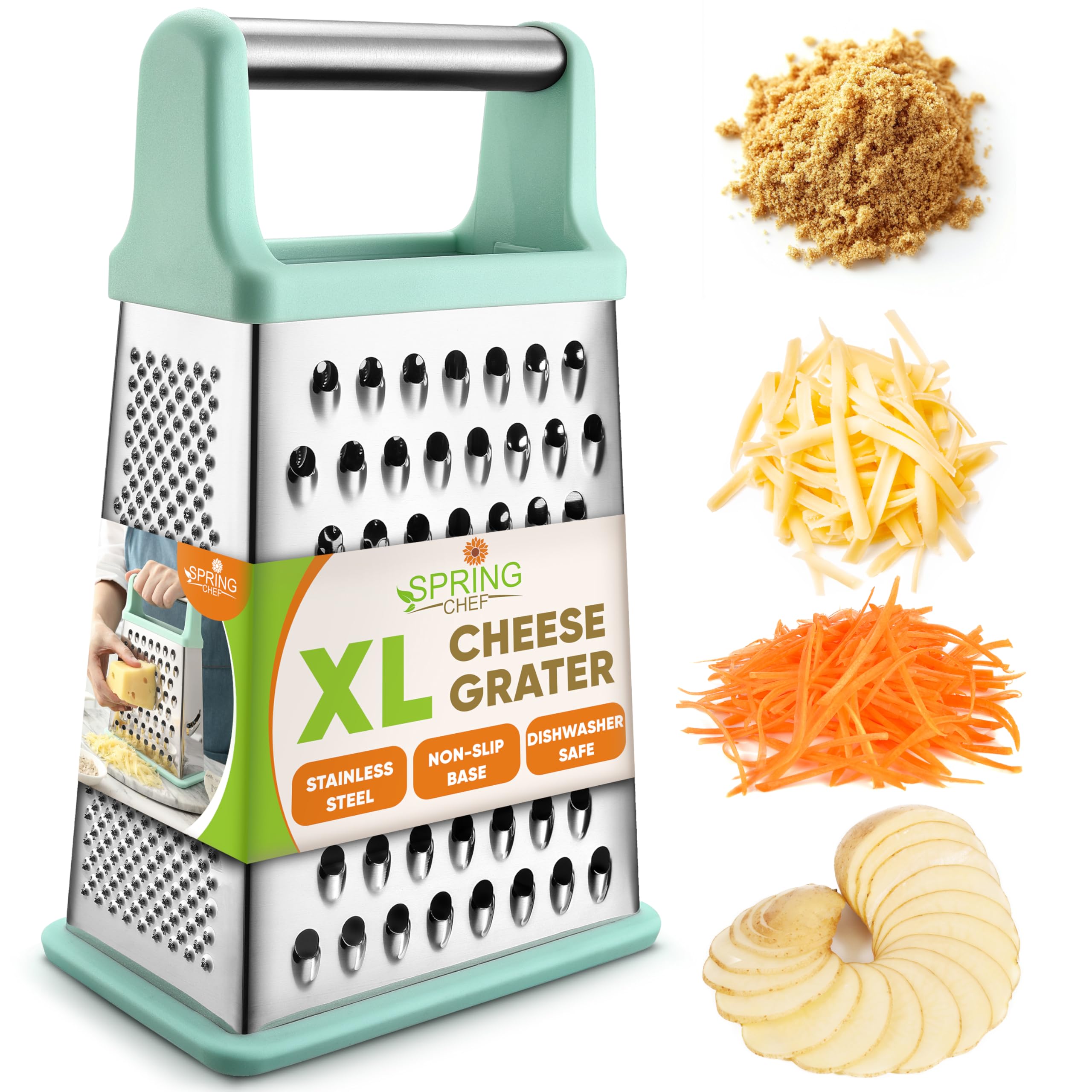 Spring Chef Professional Cheese Grater - Stainless Steel Box Grater for Kitchen, XL Size - Perfect 4 Sided Shredder for Parmesan Cheese, Vegetables, Ginger - Dishwasher Safe - Mint
