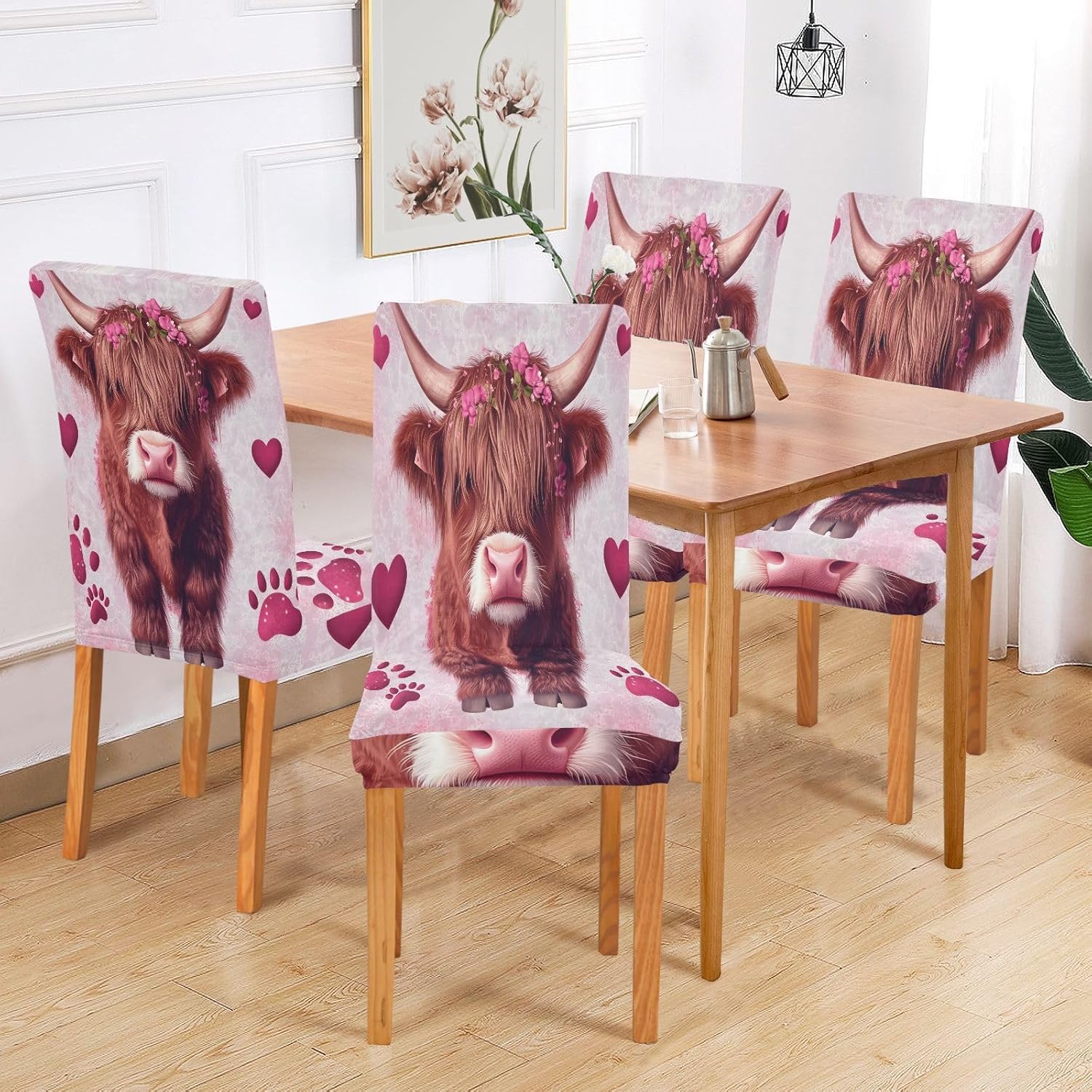 ALAZA Chair Covers for Dining Room, High and Low Cattle Footprints Heart Stretch Chair Cover Sets Chair Protector Removable Washable for Ktichen Restaurant Hotel