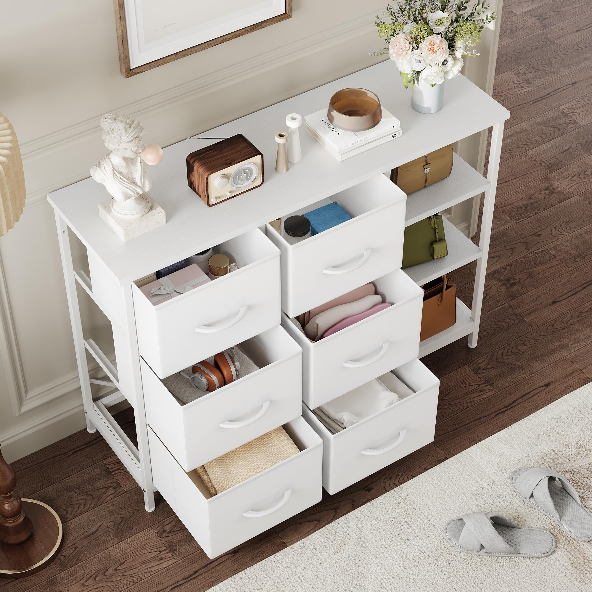 Feonase Commode à 6 tiroirs avec meuble de rangement ouvert, en tissu de style moderne, 100 x 30 x 76 cm, blanc